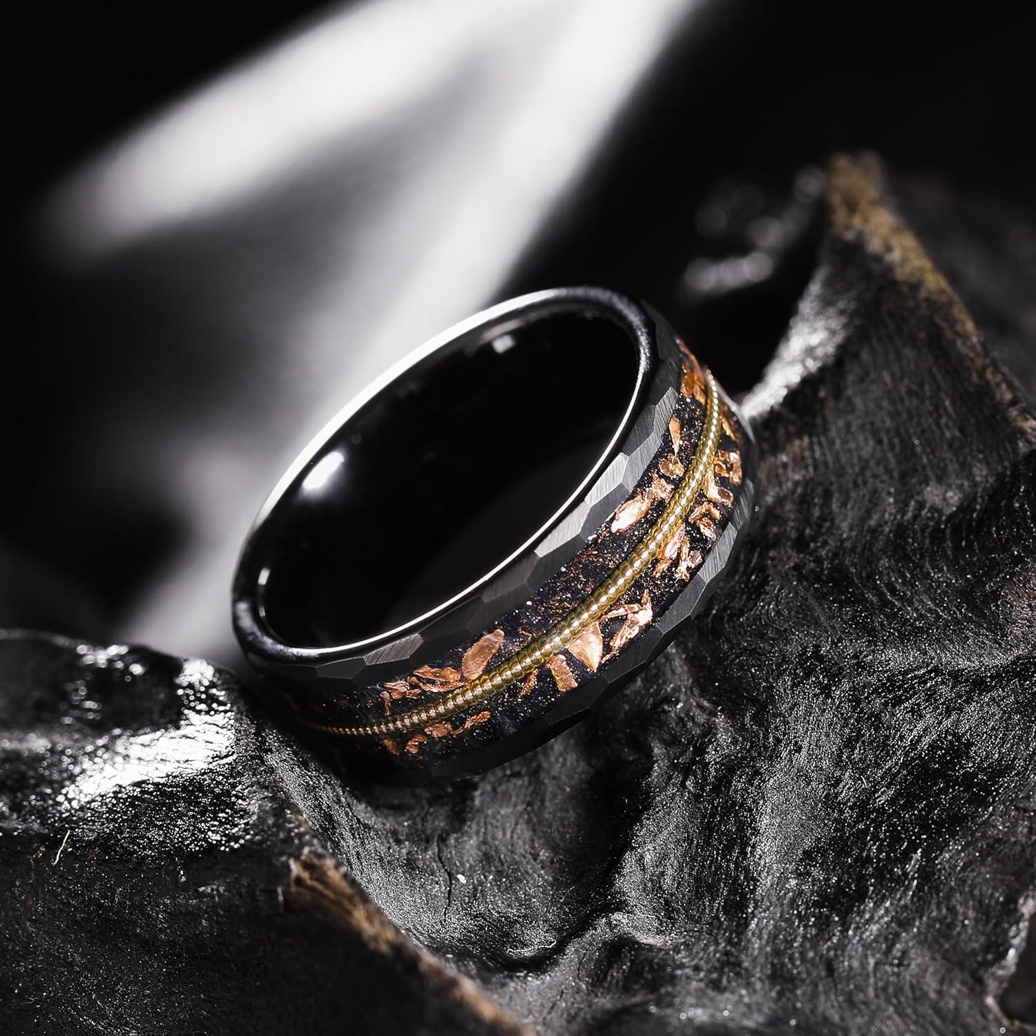 imageKing Will 8mm Mens SilverBlack Tungsten Carbide Ring for Men Nature Koa Wood InlayGalaxy Opal Inlay Wedding Bands Hammered MultiFaceted Wedding BandBBlack 8mm