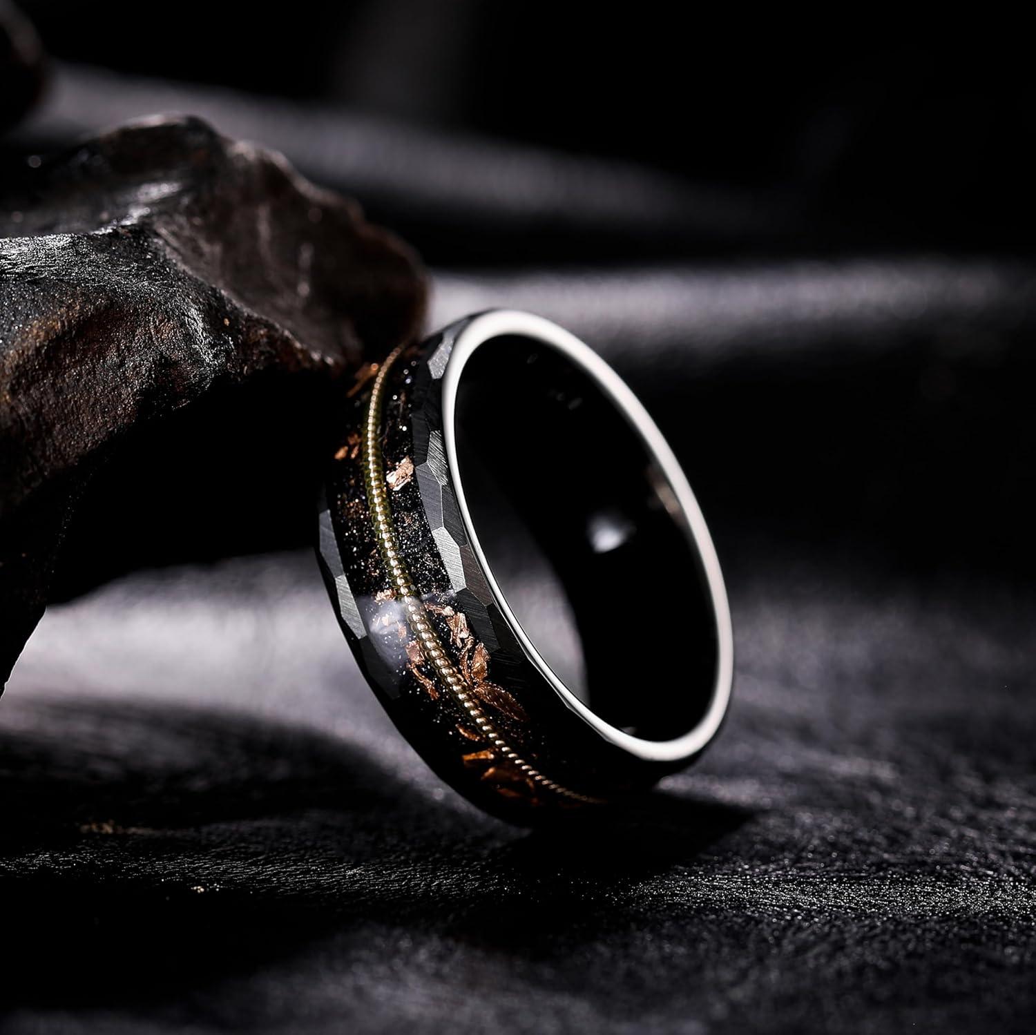 imageKing Will 8mm Mens SilverBlack Tungsten Carbide Ring for Men Nature Koa Wood InlayGalaxy Opal Inlay Wedding Bands Hammered MultiFaceted Wedding BandBBlack 8mm