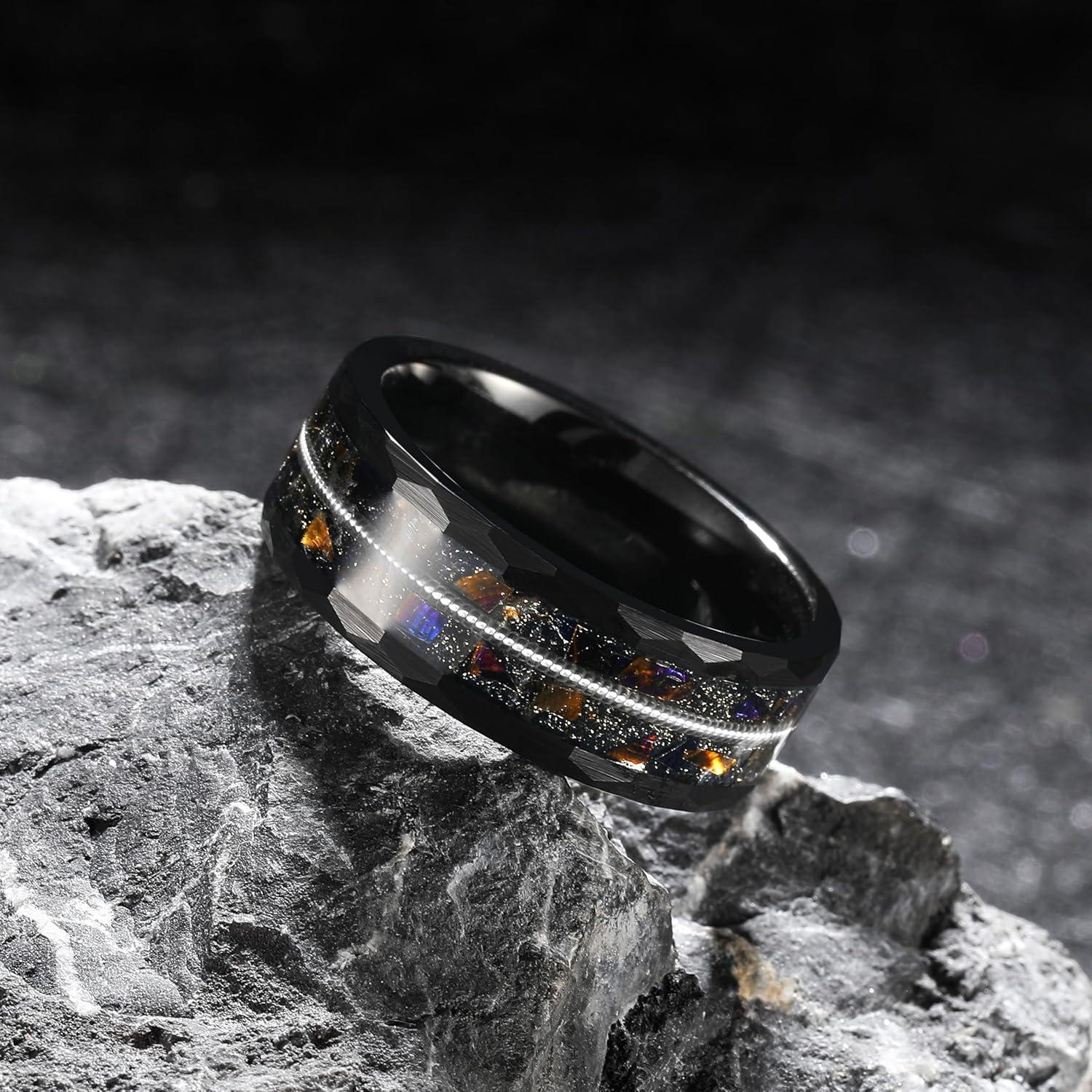 imageKing Will 8mm Mens SilverBlack Tungsten Carbide Ring for Men Nature Koa Wood InlayGalaxy Opal Inlay Wedding Bands Hammered MultiFaceted Wedding BandBBlack