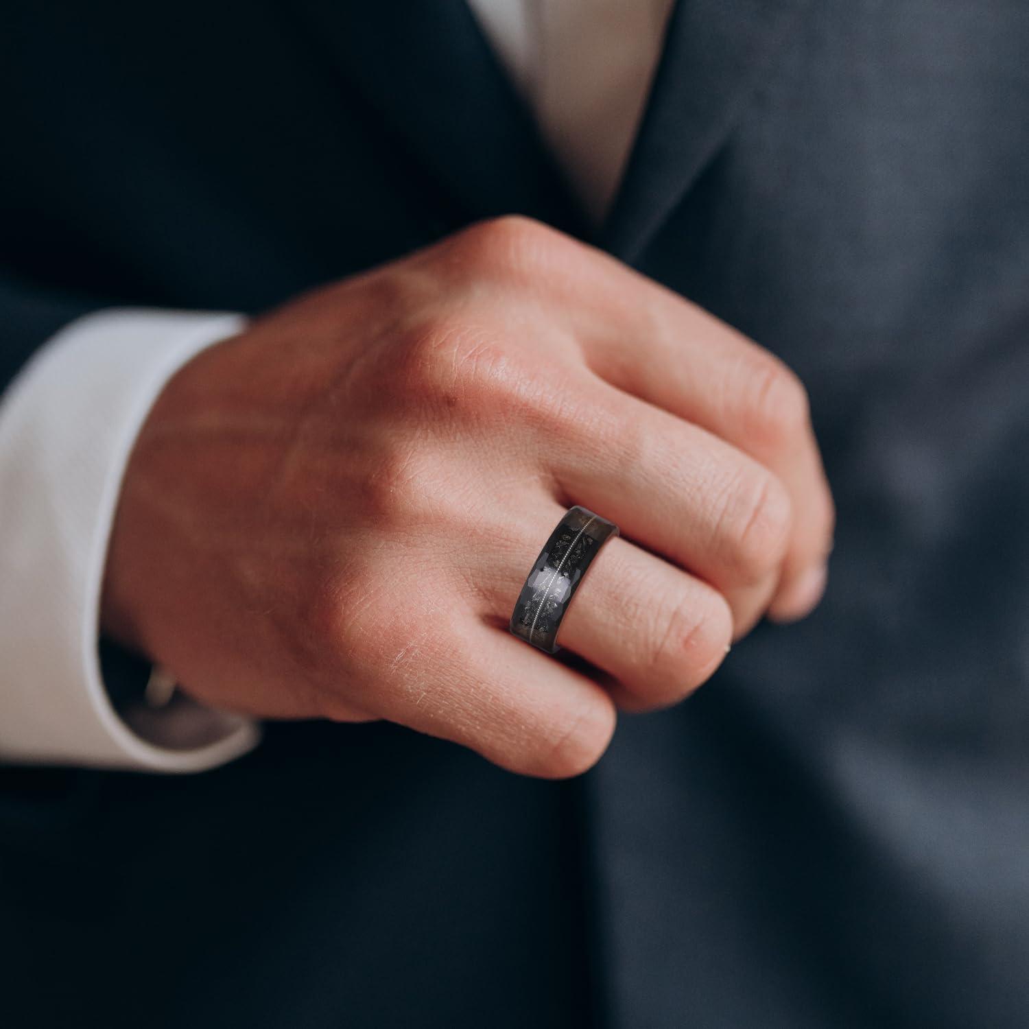 imageKing Will 8mm Mens SilverBlack Tungsten Carbide Ring for Men Nature Koa Wood InlayGalaxy Opal Inlay Wedding Bands Hammered MultiFaceted Wedding BandBBlack Silver 8mm