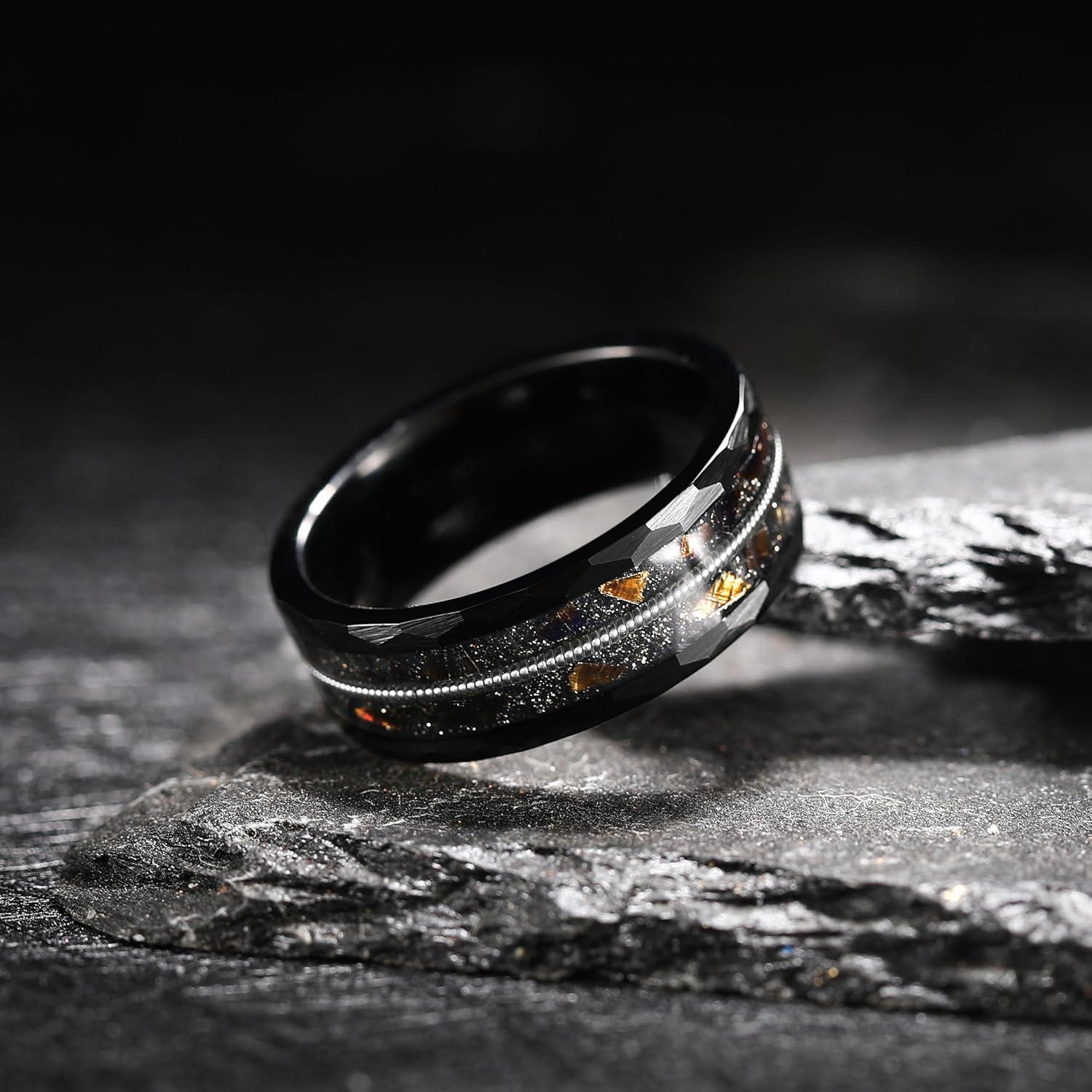 imageKing Will 8mm Mens SilverBlack Tungsten Carbide Ring for Men Nature Koa Wood InlayGalaxy Opal Inlay Wedding Bands Hammered MultiFaceted Wedding BandBBlack