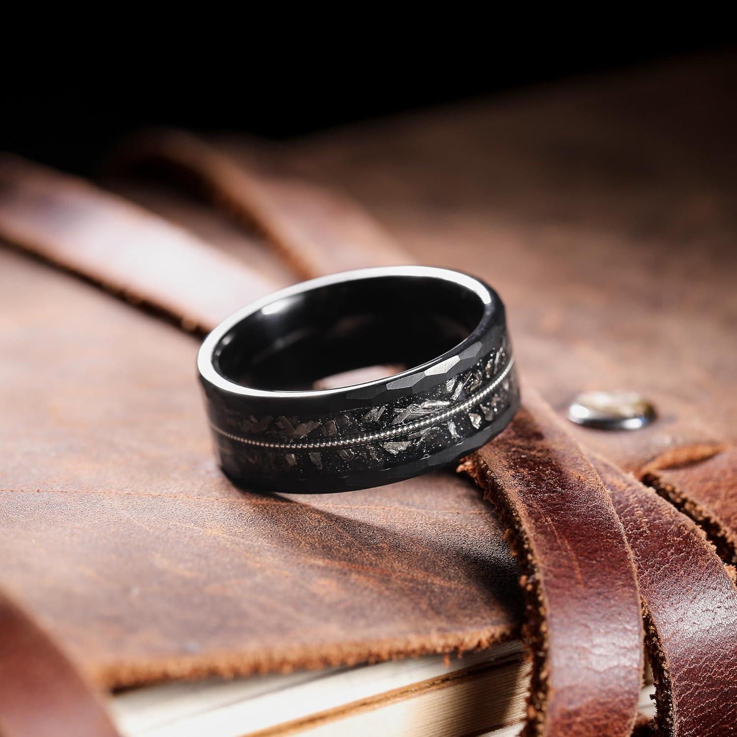 imageKing Will 8mm Mens SilverBlack Tungsten Carbide Ring for Men Nature Koa Wood InlayGalaxy Opal Inlay Wedding Bands Hammered MultiFaceted Wedding BandBBlack Silver 8mm