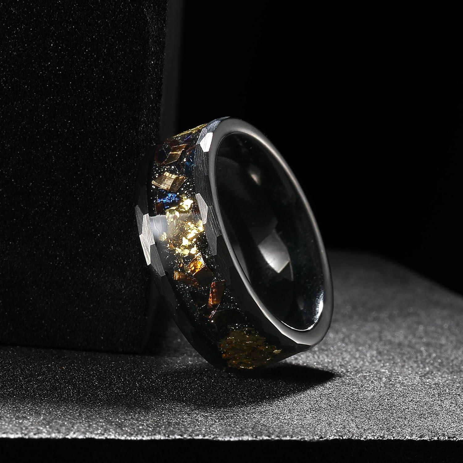 imageKing Will 8mm Mens SilverBlack Tungsten Carbide Ring for Men Nature Koa Wood InlayGalaxy Opal Inlay Wedding Bands Hammered MultiFaceted Wedding BandBlack Gold