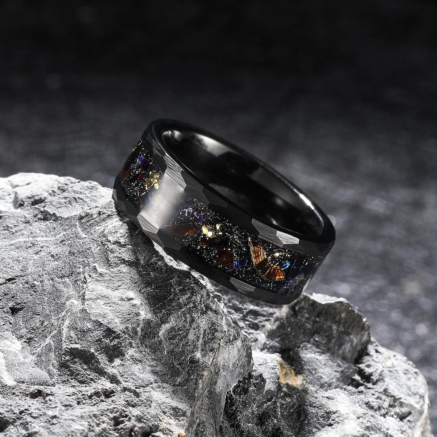 imageKing Will 8mm Mens SilverBlack Tungsten Carbide Ring for Men Nature Koa Wood InlayGalaxy Opal Inlay Wedding Bands Hammered MultiFaceted Wedding BandBlack Red Blue