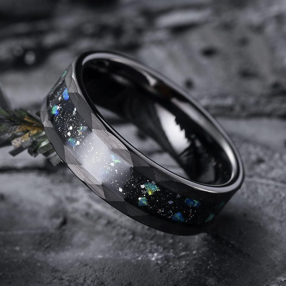 imageKing Will 8mm Mens SilverBlack Tungsten Carbide Ring for Men Nature Koa Wood InlayGalaxy Opal Inlay Wedding Bands Hammered MultiFaceted Wedding BandBlue