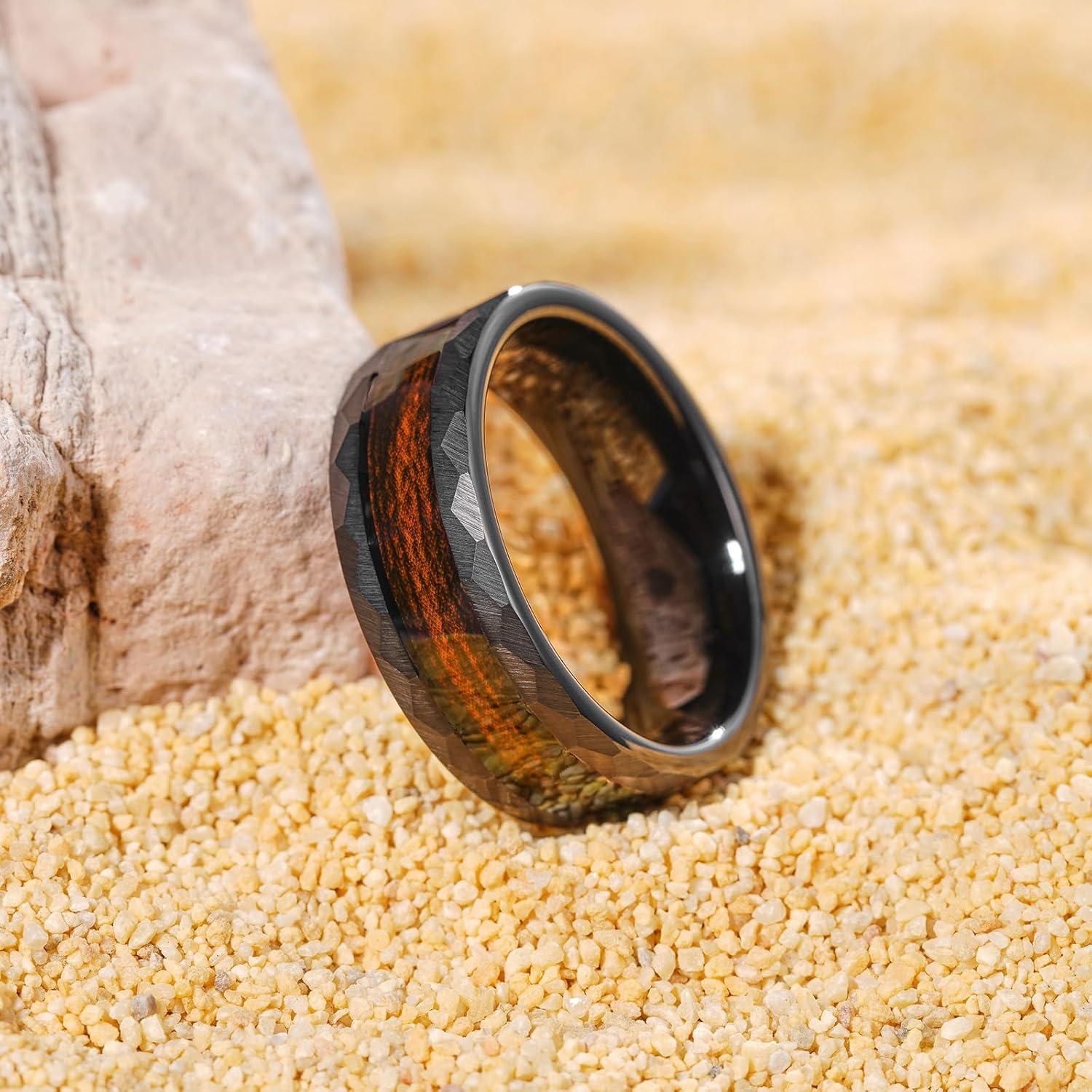 imageKing Will 8mm Mens SilverBlack Tungsten Carbide Ring for Men Nature Koa Wood InlayGalaxy Opal Inlay Wedding Bands Hammered MultiFaceted Wedding BandBlack