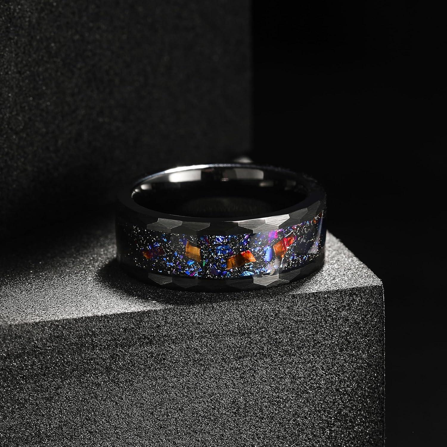 imageKing Will 8mm Mens SilverBlack Tungsten Carbide Ring for Men Nature Koa Wood InlayGalaxy Opal Inlay Wedding Bands Hammered MultiFaceted Wedding BandBlack Galaxy