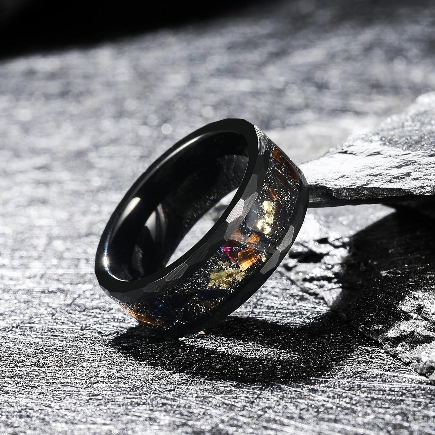 imageKing Will 8mm Mens SilverBlack Tungsten Carbide Ring for Men Nature Koa Wood InlayGalaxy Opal Inlay Wedding Bands Hammered MultiFaceted Wedding BandBlack Red Blue