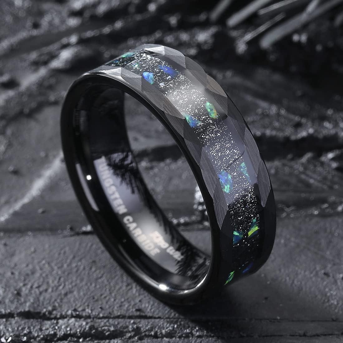 imageKing Will 8mm Mens SilverBlack Tungsten Carbide Ring for Men Nature Koa Wood InlayGalaxy Opal Inlay Wedding Bands Hammered MultiFaceted Wedding BandBlue