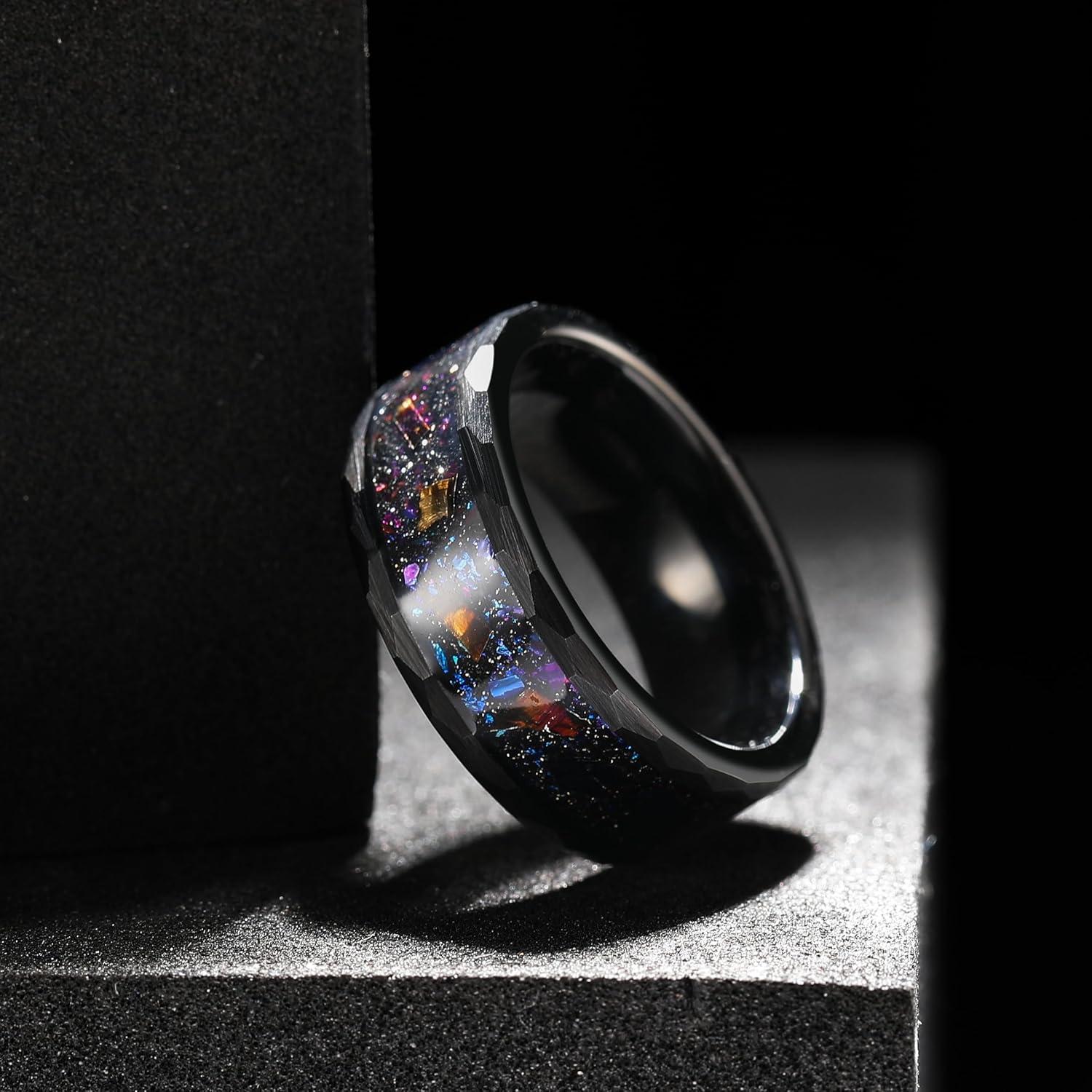imageKing Will 8mm Mens SilverBlack Tungsten Carbide Ring for Men Nature Koa Wood InlayGalaxy Opal Inlay Wedding Bands Hammered MultiFaceted Wedding BandBlack Galaxy