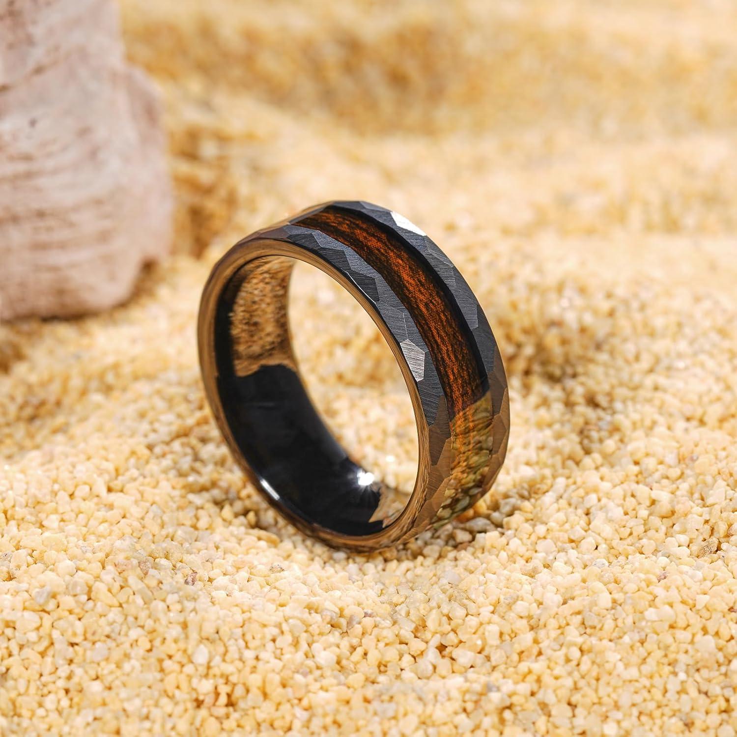 imageKing Will 8mm Mens SilverBlack Tungsten Carbide Ring for Men Nature Koa Wood InlayGalaxy Opal Inlay Wedding Bands Hammered MultiFaceted Wedding BandBlack