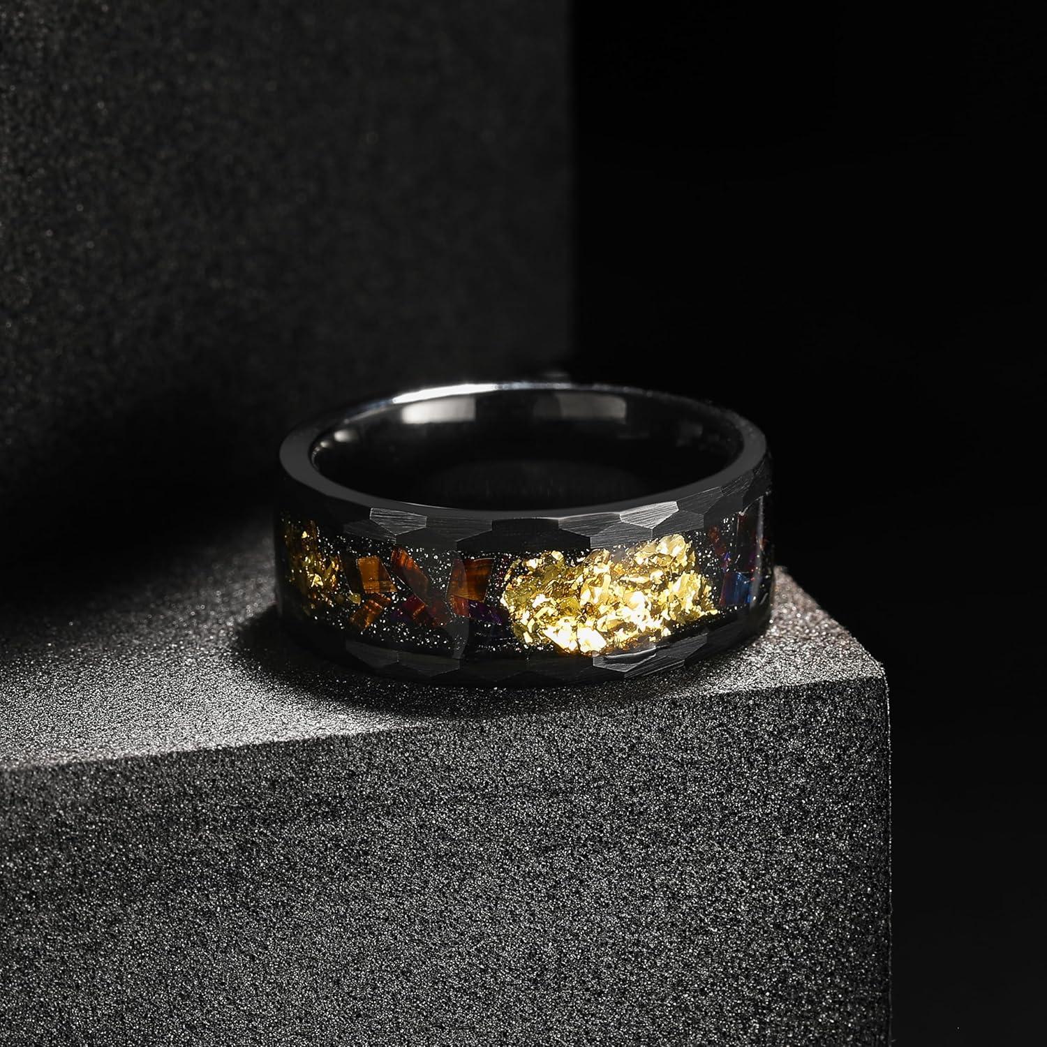 imageKing Will 8mm Mens SilverBlack Tungsten Carbide Ring for Men Nature Koa Wood InlayGalaxy Opal Inlay Wedding Bands Hammered MultiFaceted Wedding BandBlack Gold