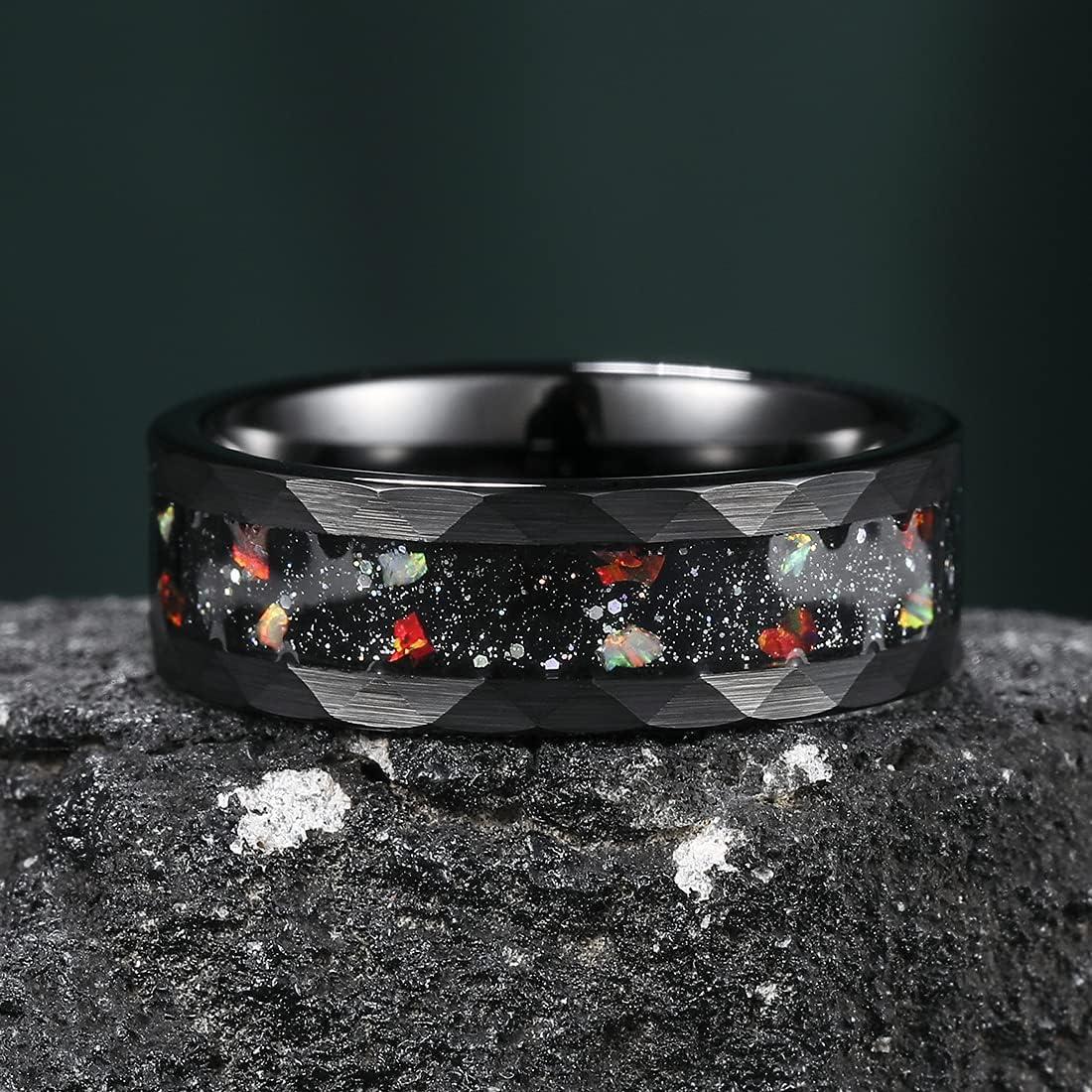 imageKing Will 8mm Mens SilverBlack Tungsten Carbide Ring for Men Nature Koa Wood InlayGalaxy Opal Inlay Wedding Bands Hammered MultiFaceted Wedding BandRed Sand