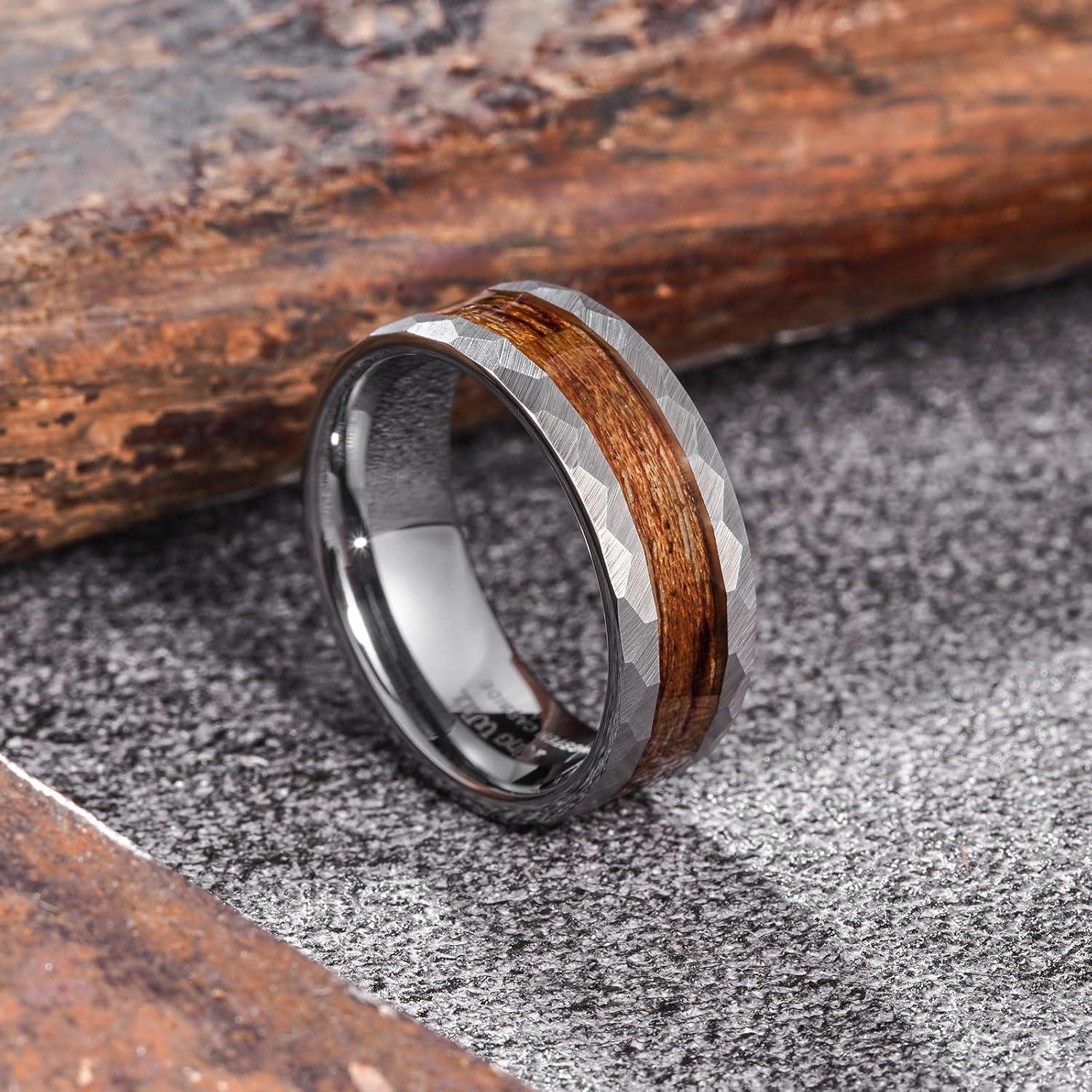 imageKing Will 8mm Mens SilverBlack Tungsten Carbide Ring for Men Nature Koa Wood InlayGalaxy Opal Inlay Wedding Bands Hammered MultiFaceted Wedding BandSilver