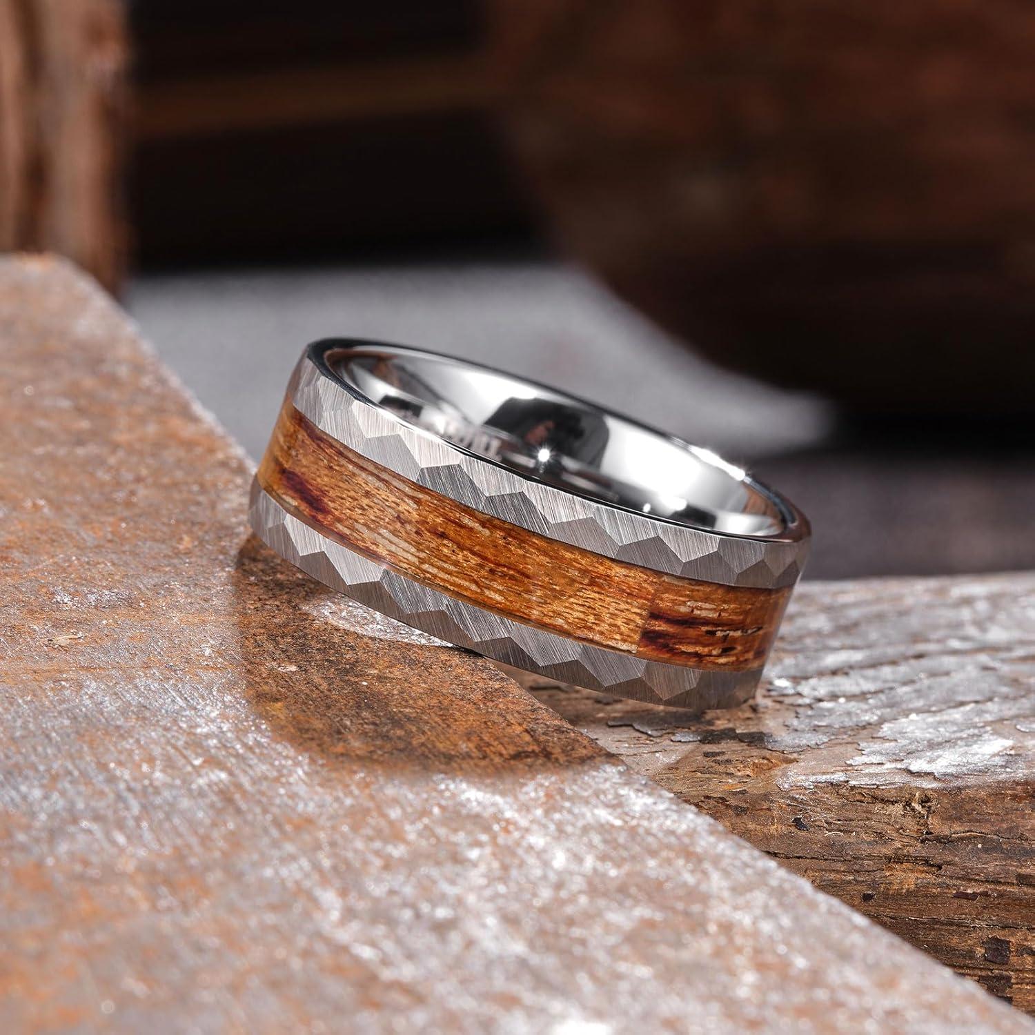 imageKing Will 8mm Mens SilverBlack Tungsten Carbide Ring for Men Nature Koa Wood InlayGalaxy Opal Inlay Wedding Bands Hammered MultiFaceted Wedding BandSilver