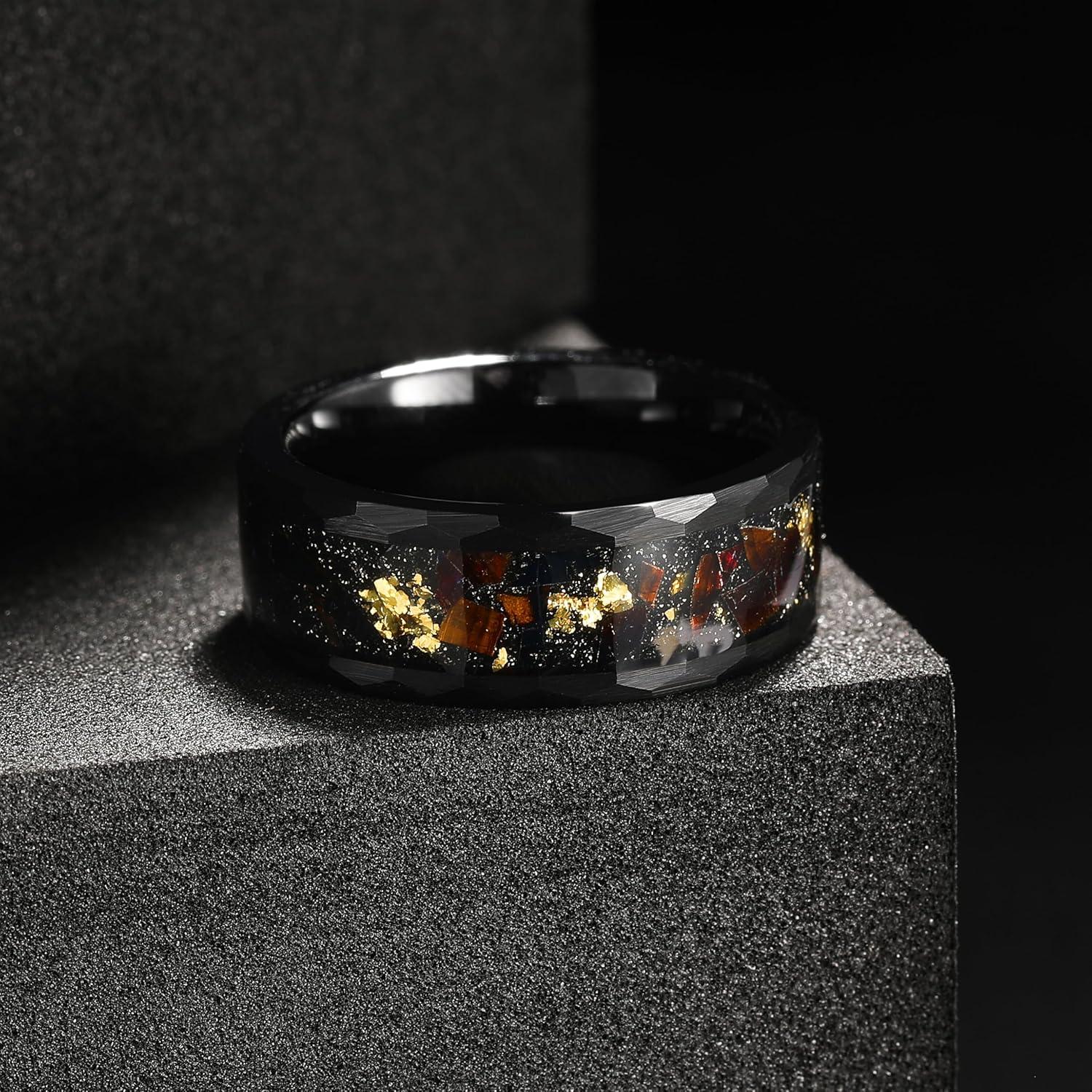 imageKing Will 8mm Mens SilverBlack Tungsten Carbide Ring for Men Nature Koa Wood InlayGalaxy Opal Inlay Wedding Bands Hammered MultiFaceted Wedding Bandblackgold
