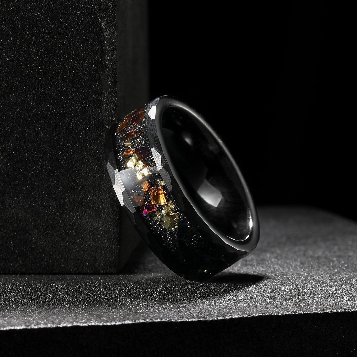 imageKing Will 8mm Mens SilverBlack Tungsten Carbide Ring for Men Nature Koa Wood InlayGalaxy Opal Inlay Wedding Bands Hammered MultiFaceted Wedding Bandblackgold