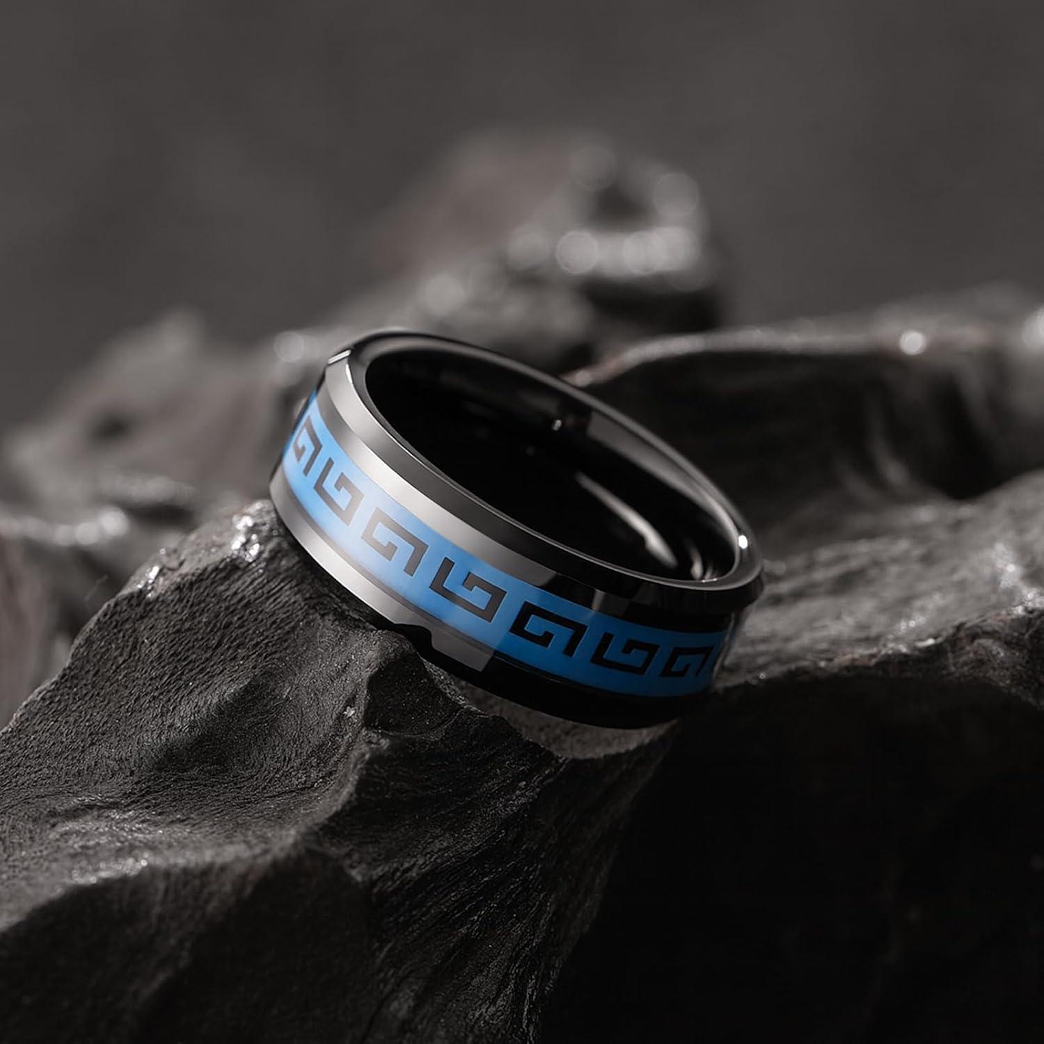 imageKing Will 8mm Tungsten Carbide Rings for Men Mens Wedding Band with Carbon Fiber Inlaid Beveled PolishedBlack Blue Inlay