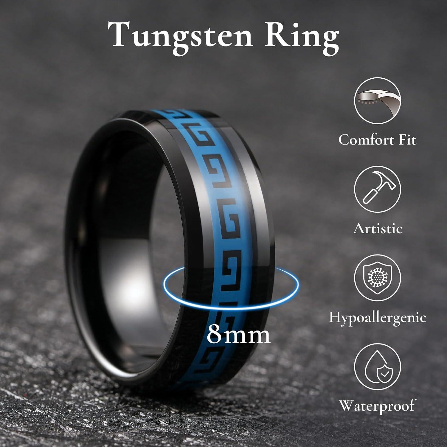 imageKing Will 8mm Tungsten Carbide Rings for Men Mens Wedding Band with Carbon Fiber Inlaid Beveled PolishedBlack Blue Inlay