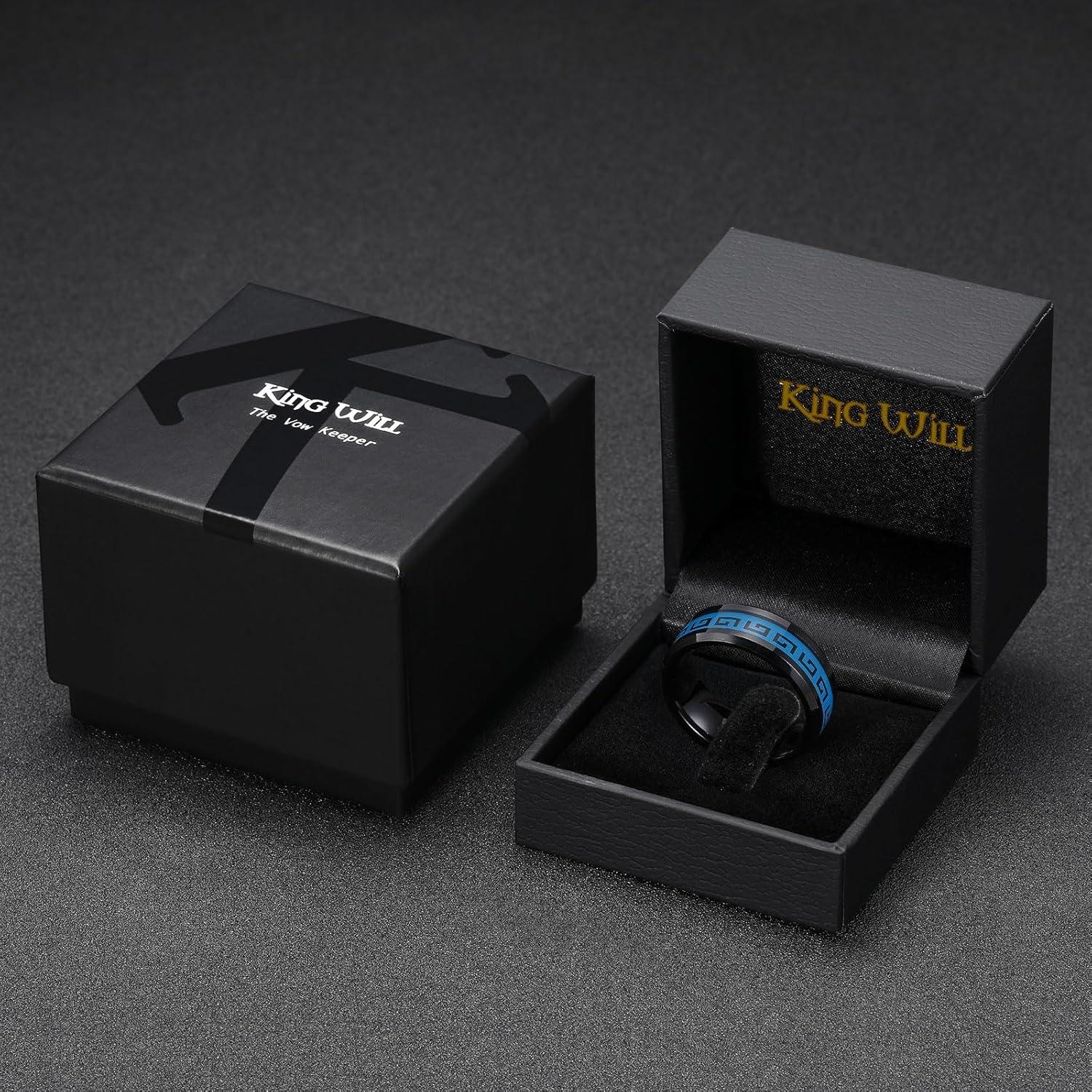 imageKing Will 8mm Tungsten Carbide Rings for Men Mens Wedding Band with Carbon Fiber Inlaid Beveled PolishedBlack Blue Inlay