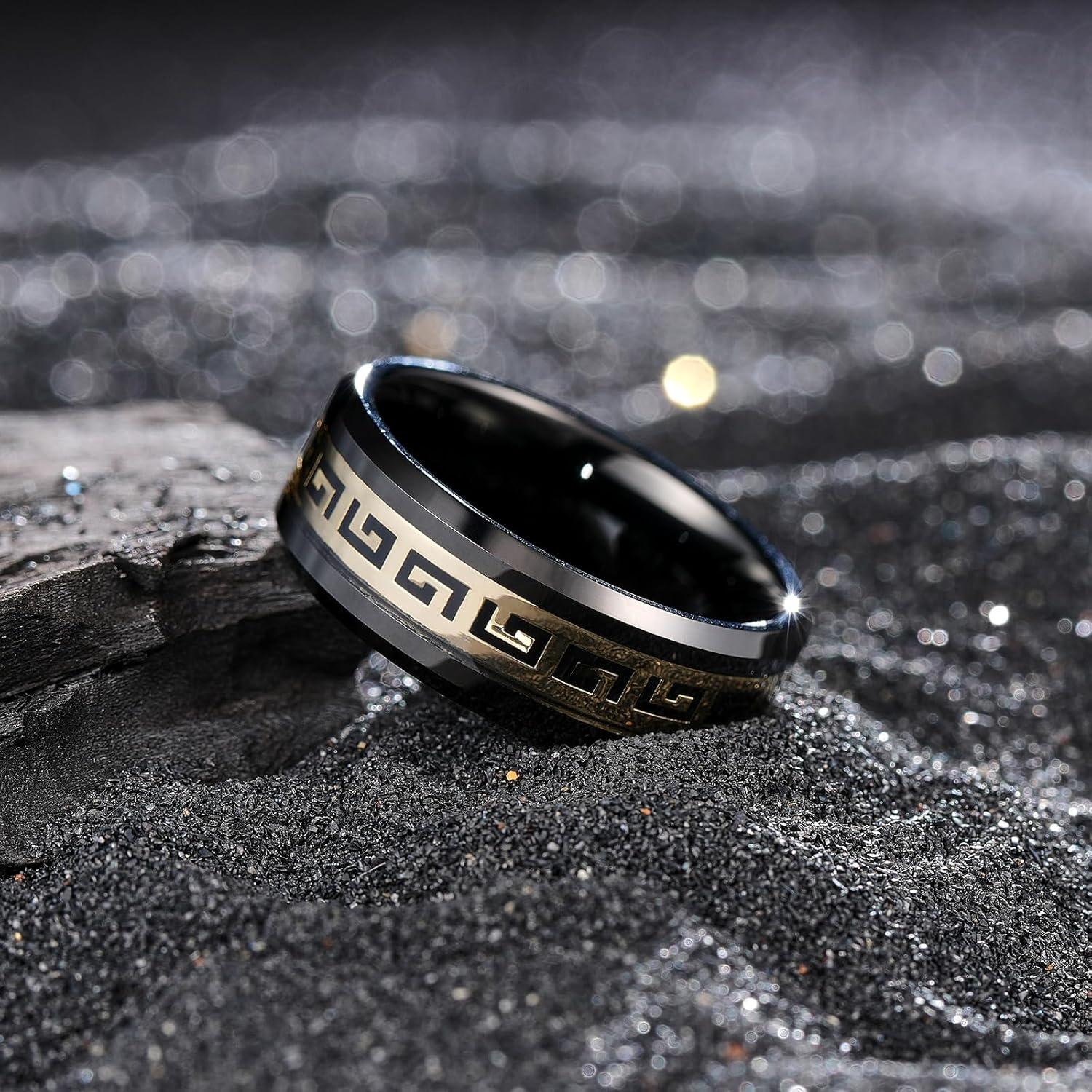 imageKing Will 8mm Tungsten Carbide Rings for Men Mens Wedding Band with Carbon Fiber Inlaid Beveled PolishedBlack Gold Inlay