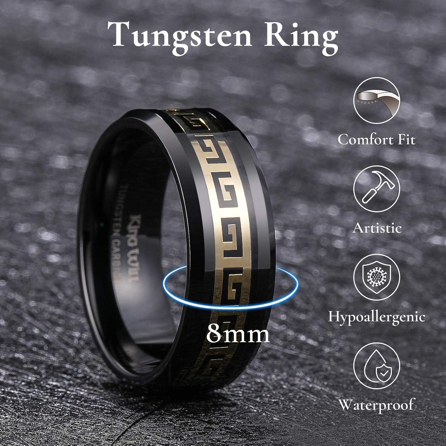 imageKing Will 8mm Tungsten Carbide Rings for Men Mens Wedding Band with Carbon Fiber Inlaid Beveled PolishedBlack Gold Inlay