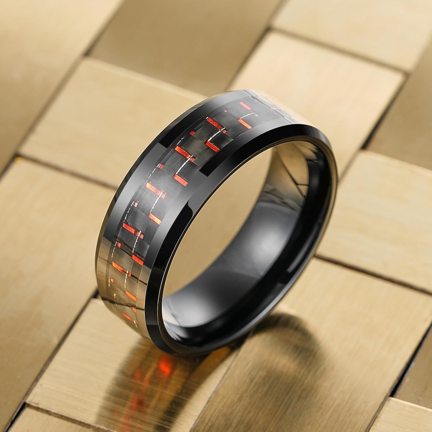 imageKing Will 8mm Tungsten Carbide Rings for Men Mens Wedding Band with Carbon Fiber Inlaid Beveled PolishedBlackRed Fiber