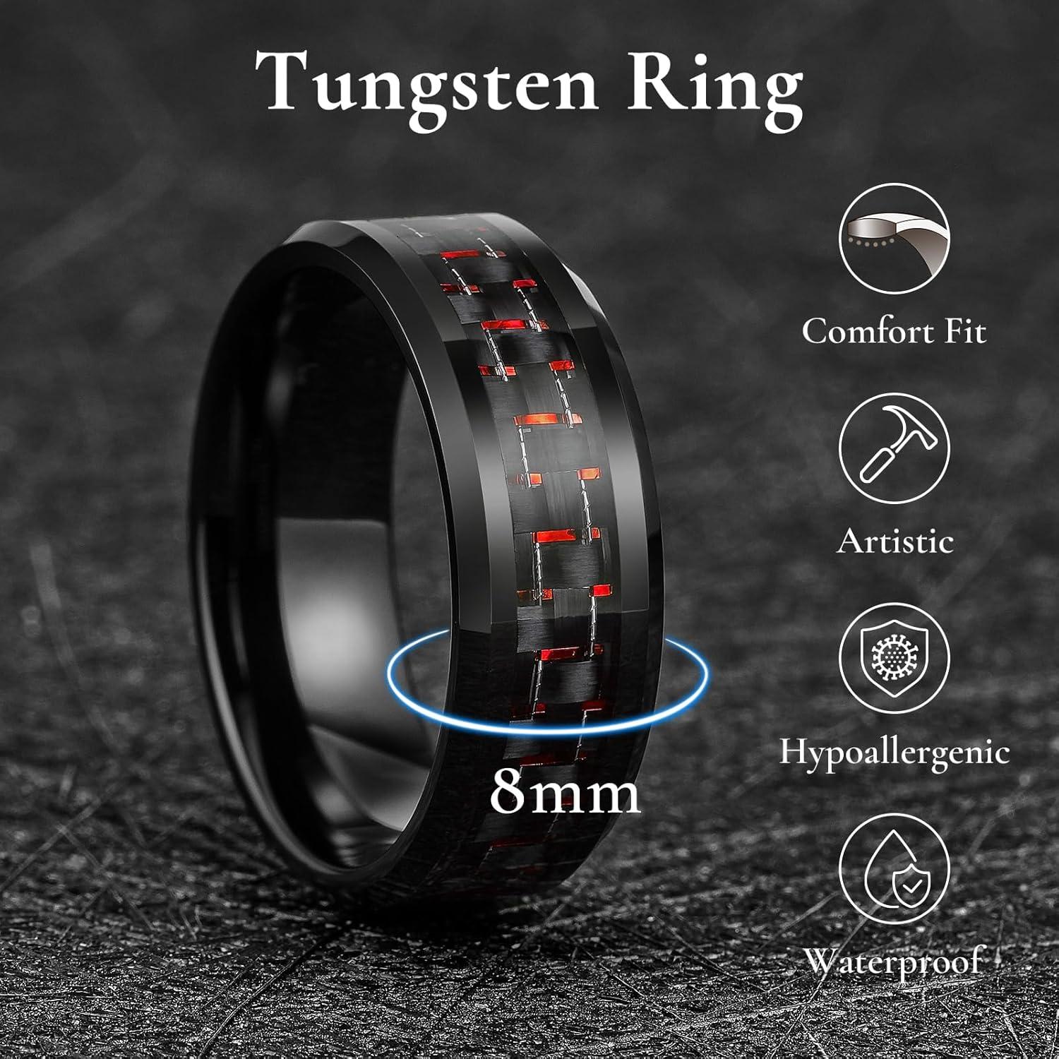 imageKing Will 8mm Tungsten Carbide Rings for Men Mens Wedding Band with Carbon Fiber Inlaid Beveled PolishedBlackRed Fiber