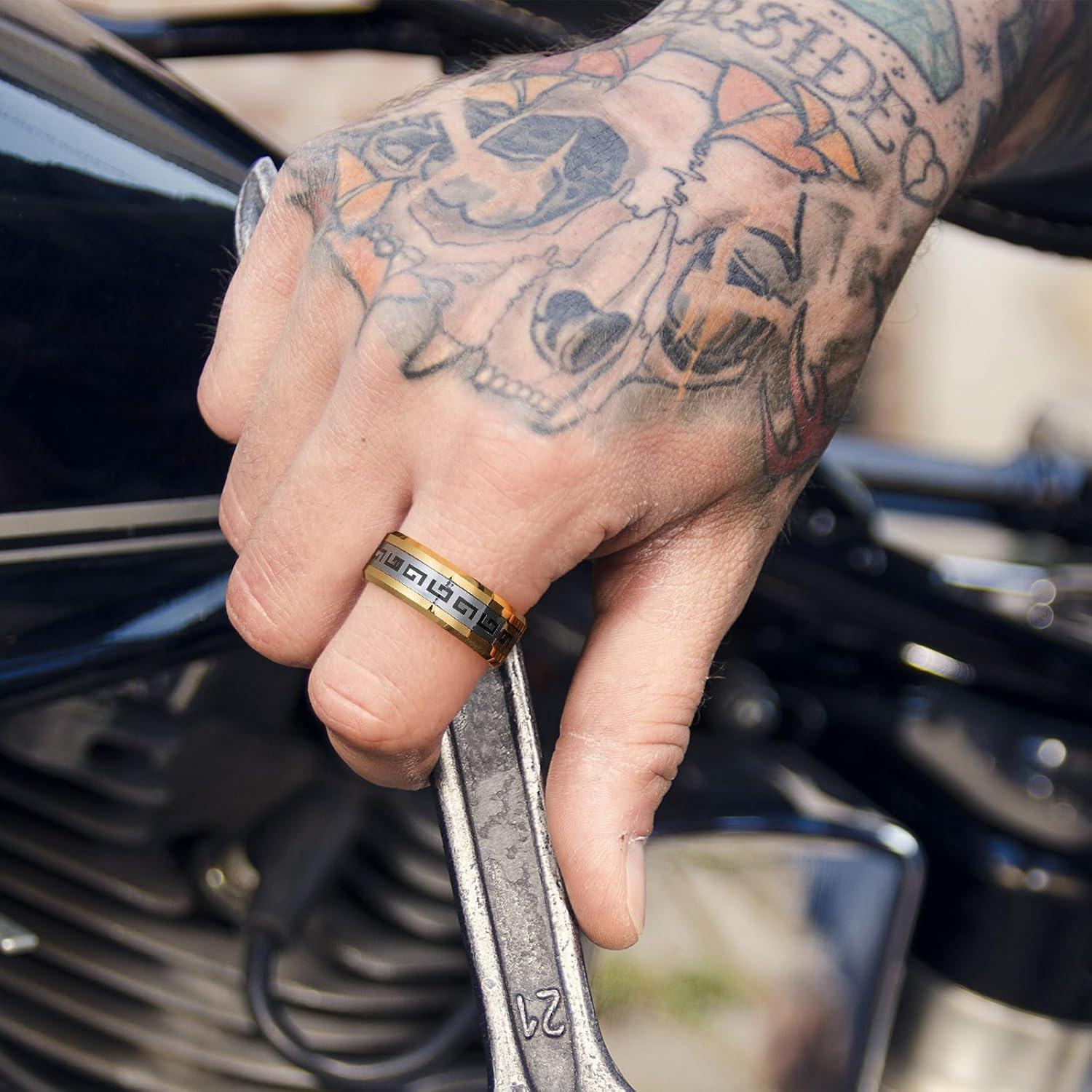 imageKing Will 8mm Tungsten Carbide Rings for Men Mens Wedding Band with Carbon Fiber Inlaid Beveled PolishedGold Silver Inlay