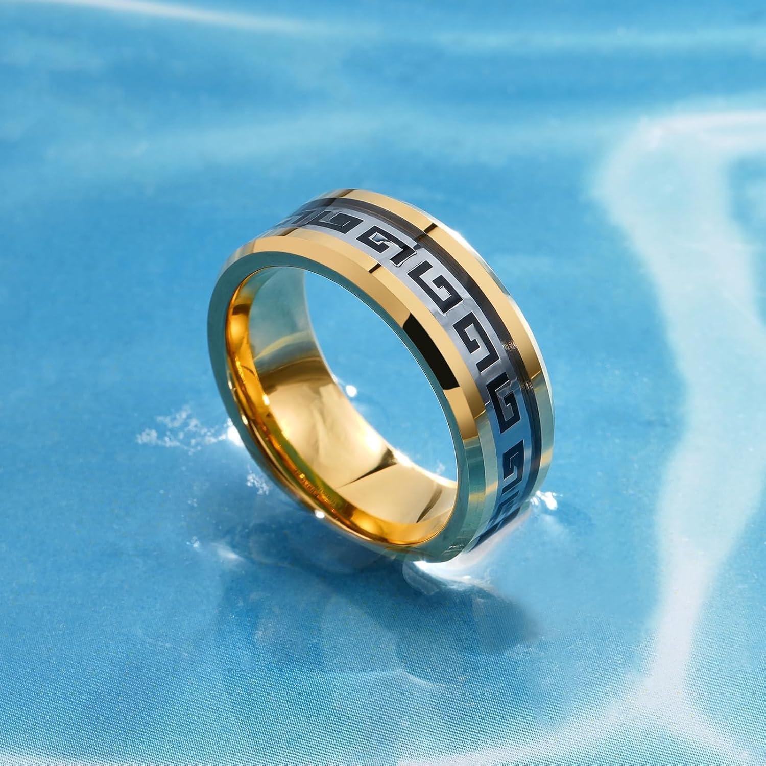 imageKing Will 8mm Tungsten Carbide Rings for Men Mens Wedding Band with Carbon Fiber Inlaid Beveled PolishedGold Silver Inlay