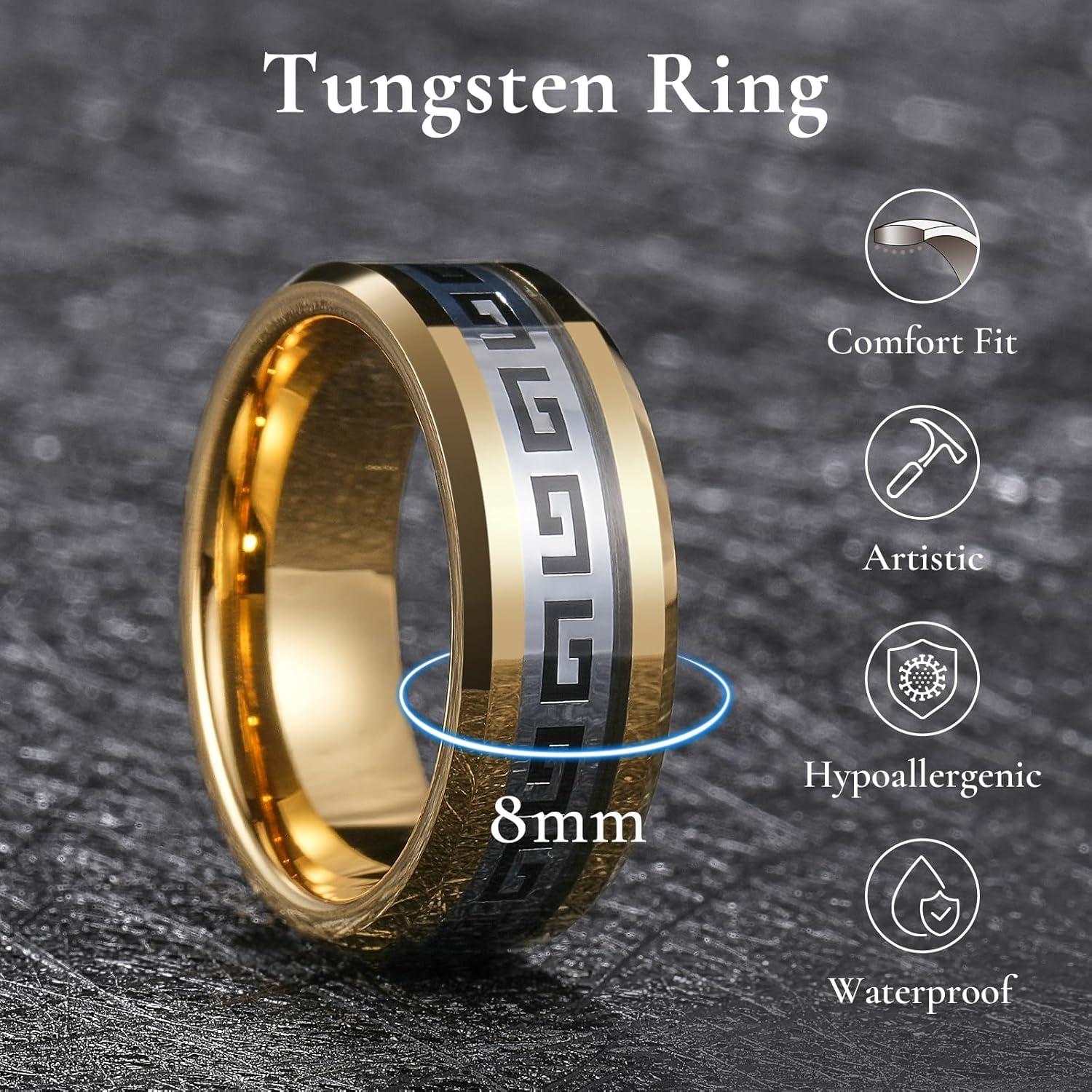 imageKing Will 8mm Tungsten Carbide Rings for Men Mens Wedding Band with Carbon Fiber Inlaid Beveled PolishedGold Silver Inlay