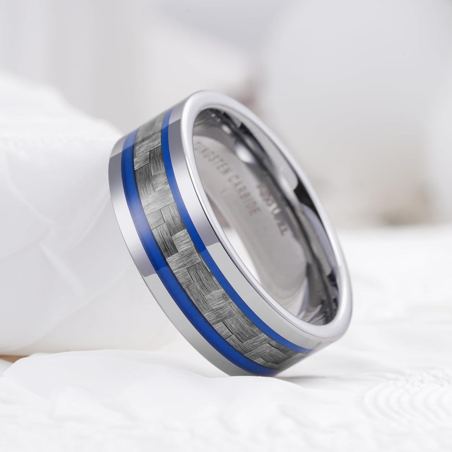 imageKing Will 8mm Tungsten Carbide Rings for Men Mens Wedding Band with Carbon Fiber Inlaid Beveled PolishedSilverBlue Line