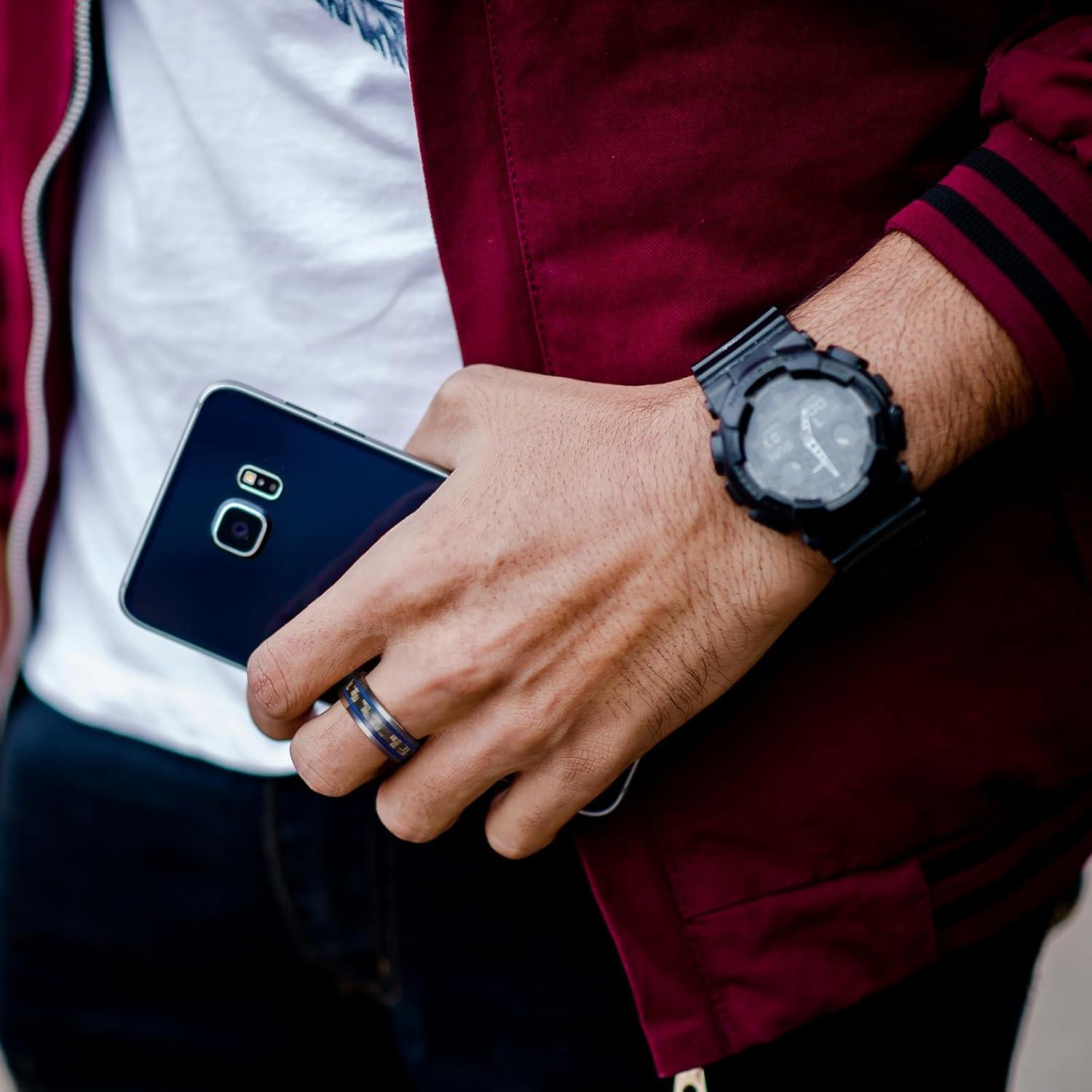 imageKing Will 8mm Tungsten Carbide Rings for Men Mens Wedding Band with Carbon Fiber Inlaid Beveled PolishedSilverBlue Line