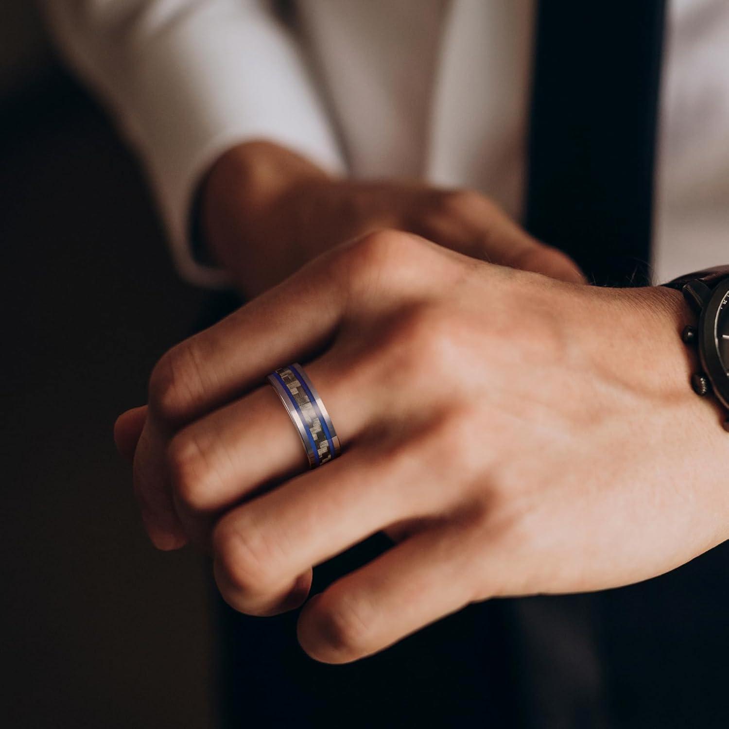 imageKing Will 8mm Tungsten Carbide Rings for Men Mens Wedding Band with Carbon Fiber Inlaid Beveled PolishedSilverBlue Line