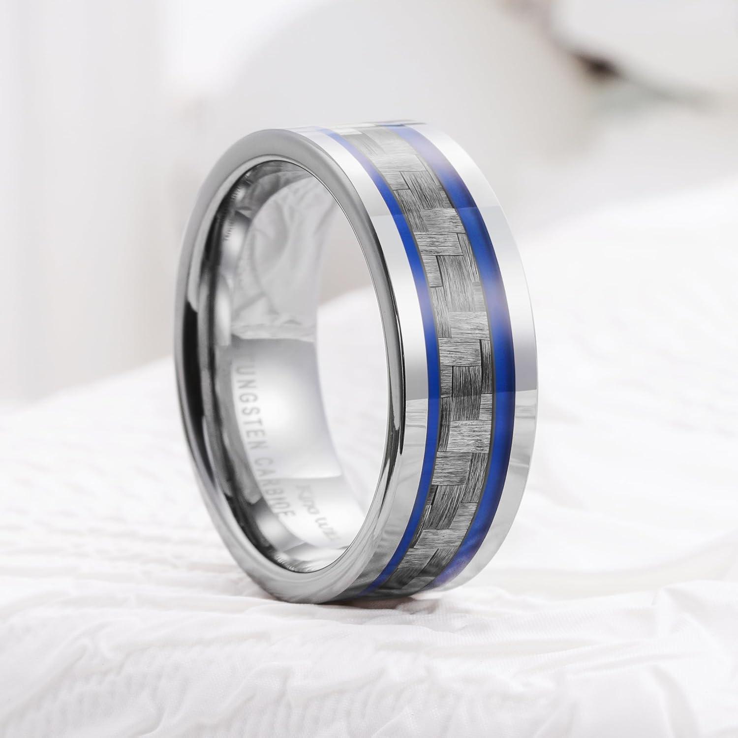 imageKing Will 8mm Tungsten Carbide Rings for Men Mens Wedding Band with Carbon Fiber Inlaid Beveled PolishedSilverBlue Line