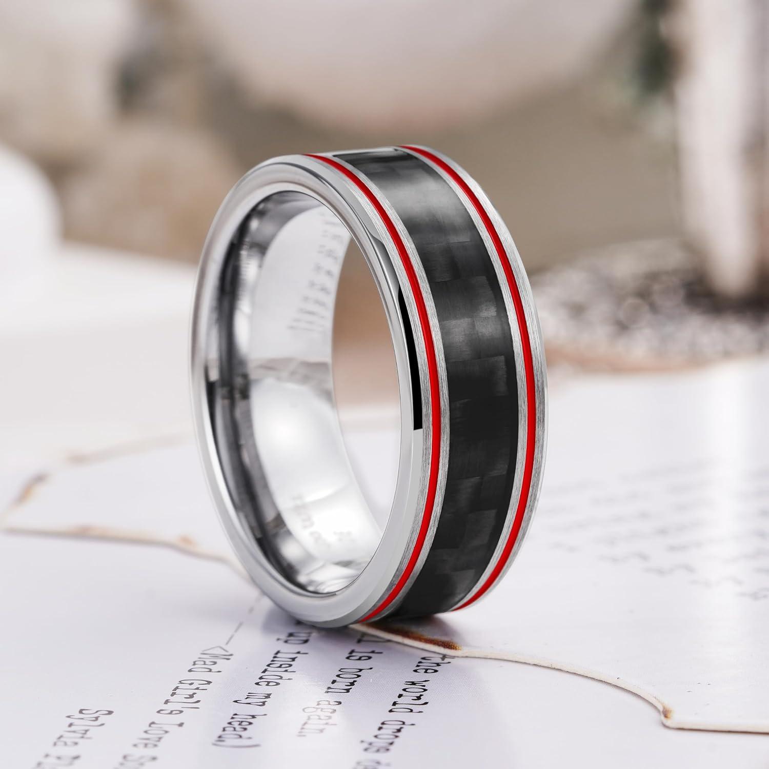 imageKing Will 8mm Tungsten Carbide Rings for Men Mens Wedding Band with Carbon Fiber Inlaid Beveled PolishedSilverRed Groove