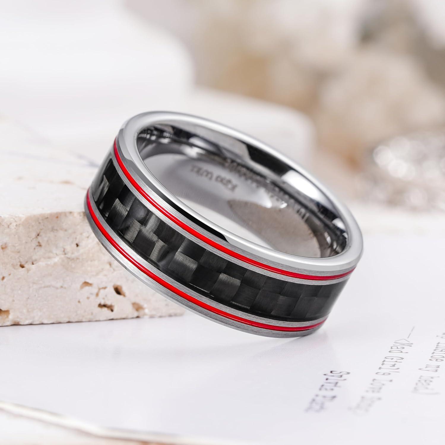 imageKing Will 8mm Tungsten Carbide Rings for Men Mens Wedding Band with Carbon Fiber Inlaid Beveled PolishedSilverRed Groove