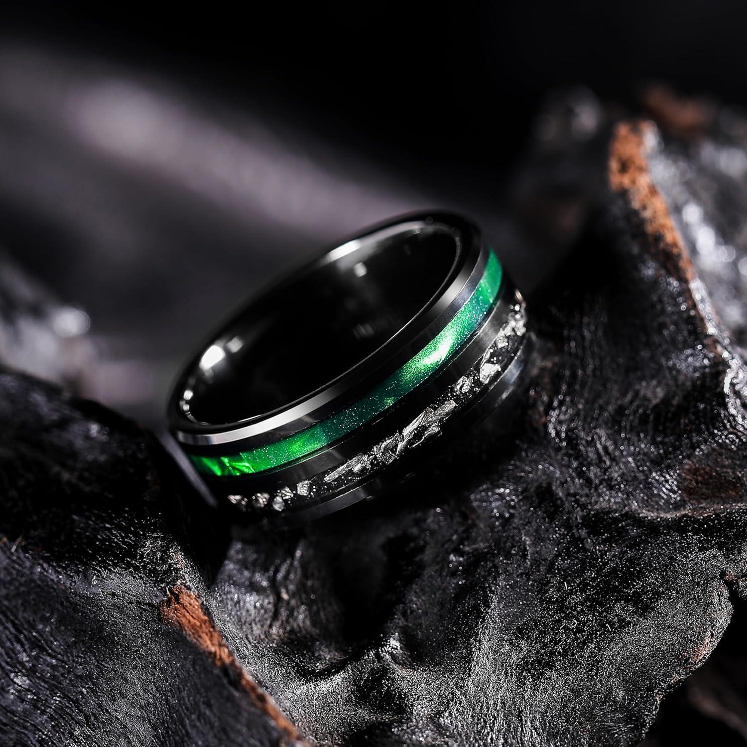 imageKing Will 8mm Tungsten Rings for Men Black Wedding Band Gentleman with Galaxy Shell Sand Meteorite Inlay Pipe Cut BrushedBlack Green