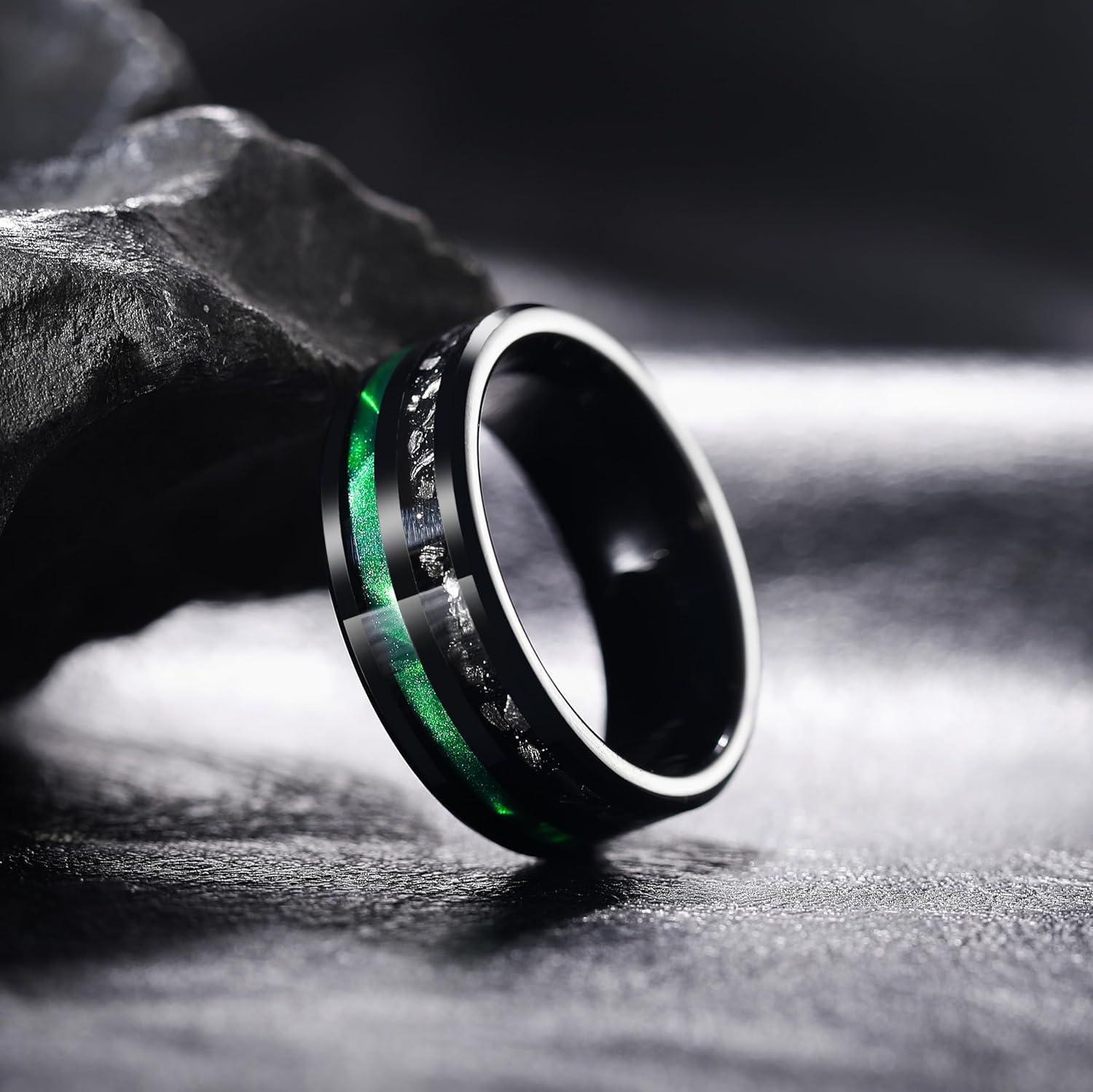 imageKing Will 8mm Tungsten Rings for Men Black Wedding Band Gentleman with Galaxy Shell Sand Meteorite Inlay Pipe Cut BrushedBlack Green