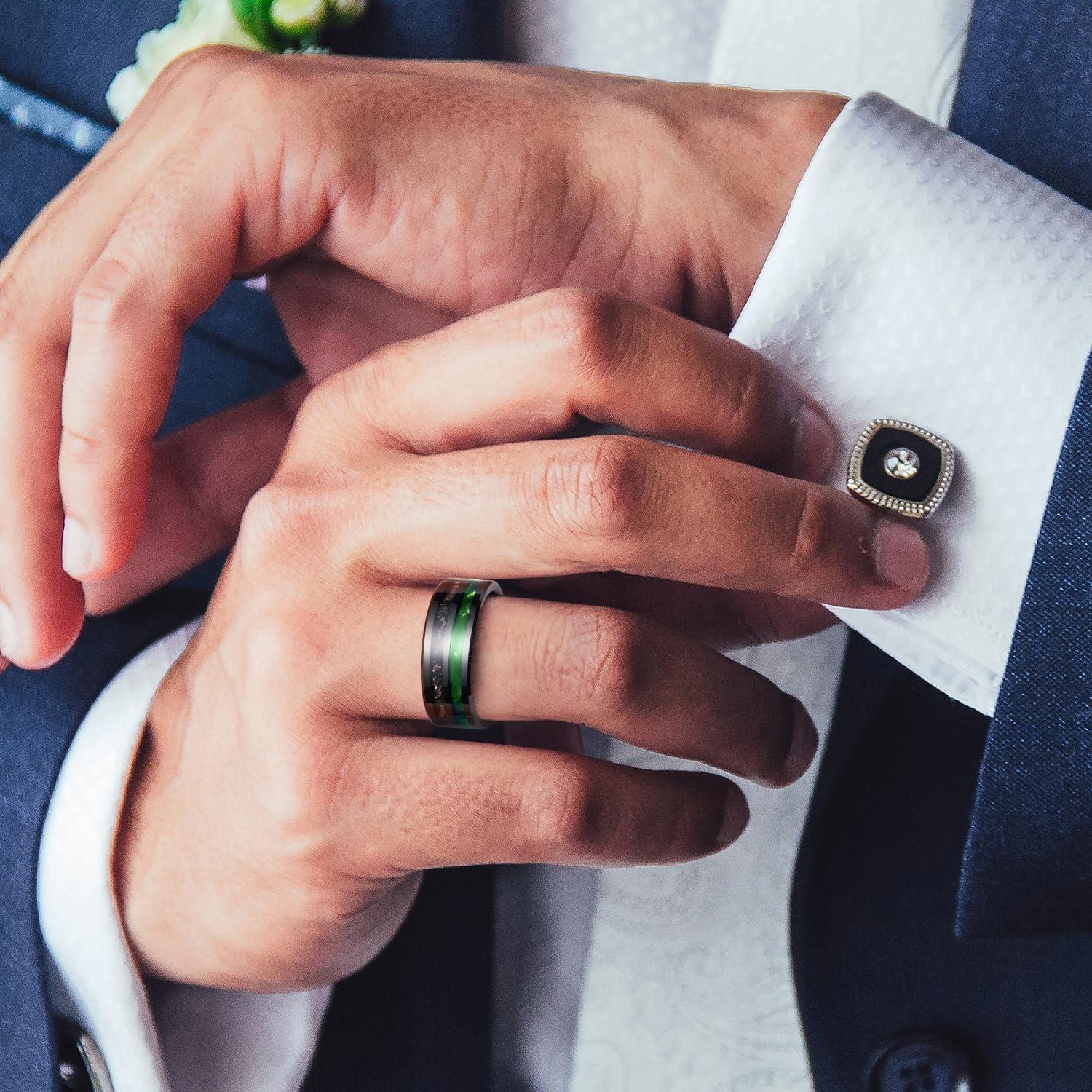 imageKing Will 8mm Tungsten Rings for Men Black Wedding Band Gentleman with Galaxy Shell Sand Meteorite Inlay Pipe Cut BrushedBlack Green