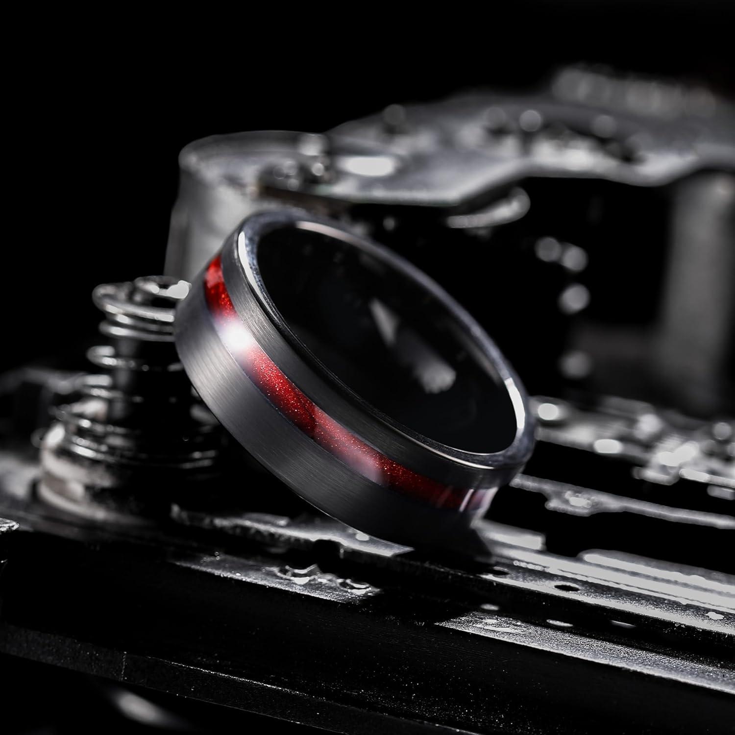 imageKing Will 8mm Tungsten Rings for Men Black Wedding Band Gentleman with Galaxy Shell Sand Meteorite Inlay Pipe Cut BrushedBlack Red