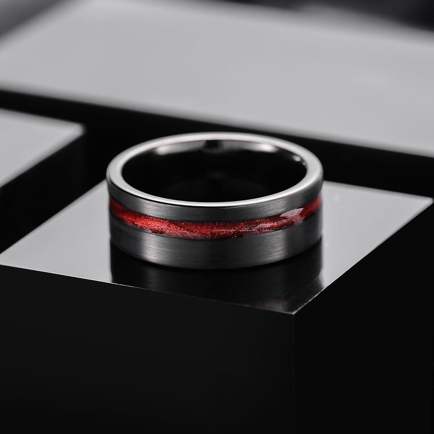 imageKing Will 8mm Tungsten Rings for Men Black Wedding Band Gentleman with Galaxy Shell Sand Meteorite Inlay Pipe Cut BrushedBlack Red