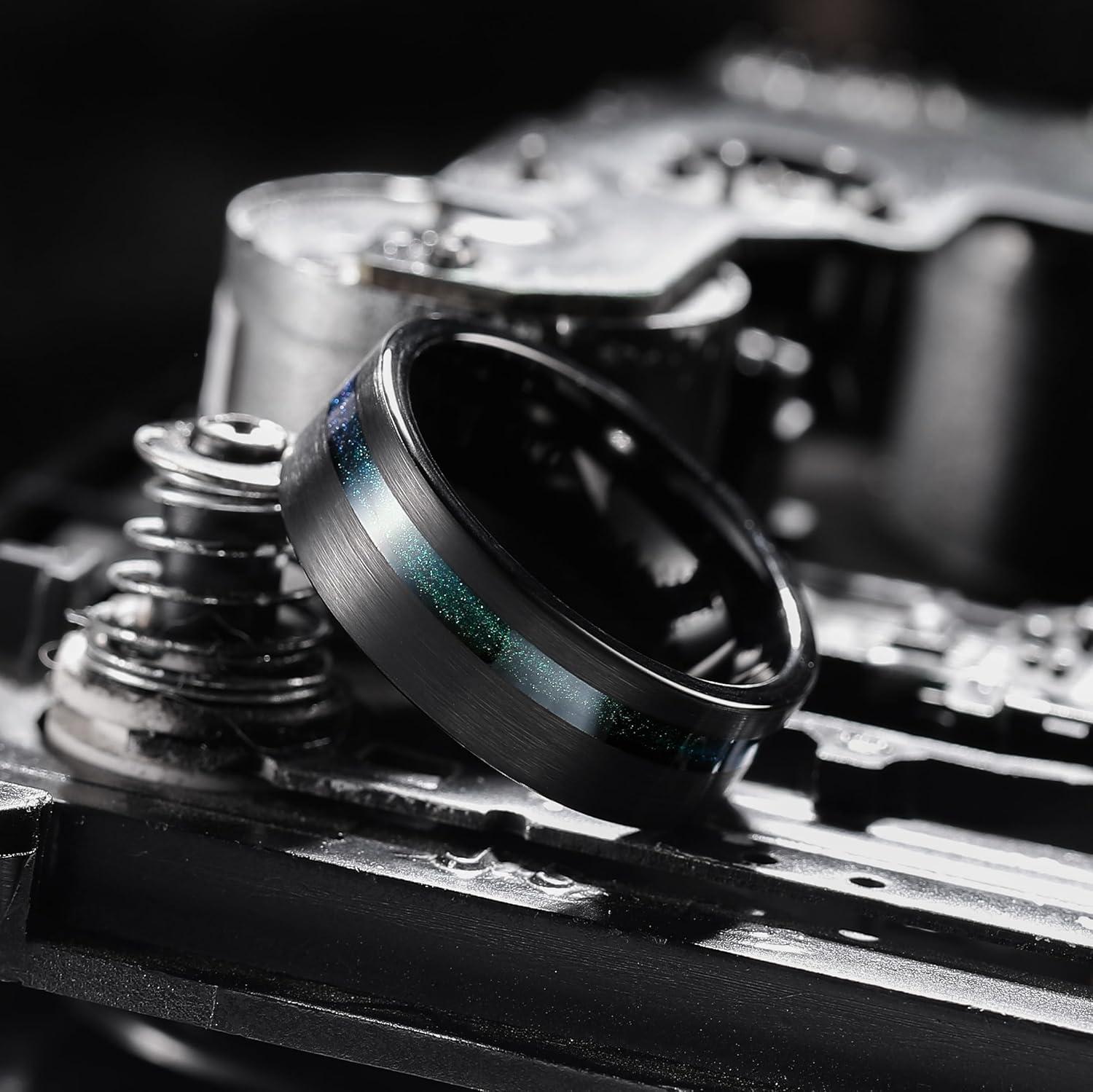 imageKing Will 8mm Tungsten Rings for Men Black Wedding Band Gentleman with Galaxy Shell Sand Meteorite Inlay Pipe Cut BrushedBlue Green