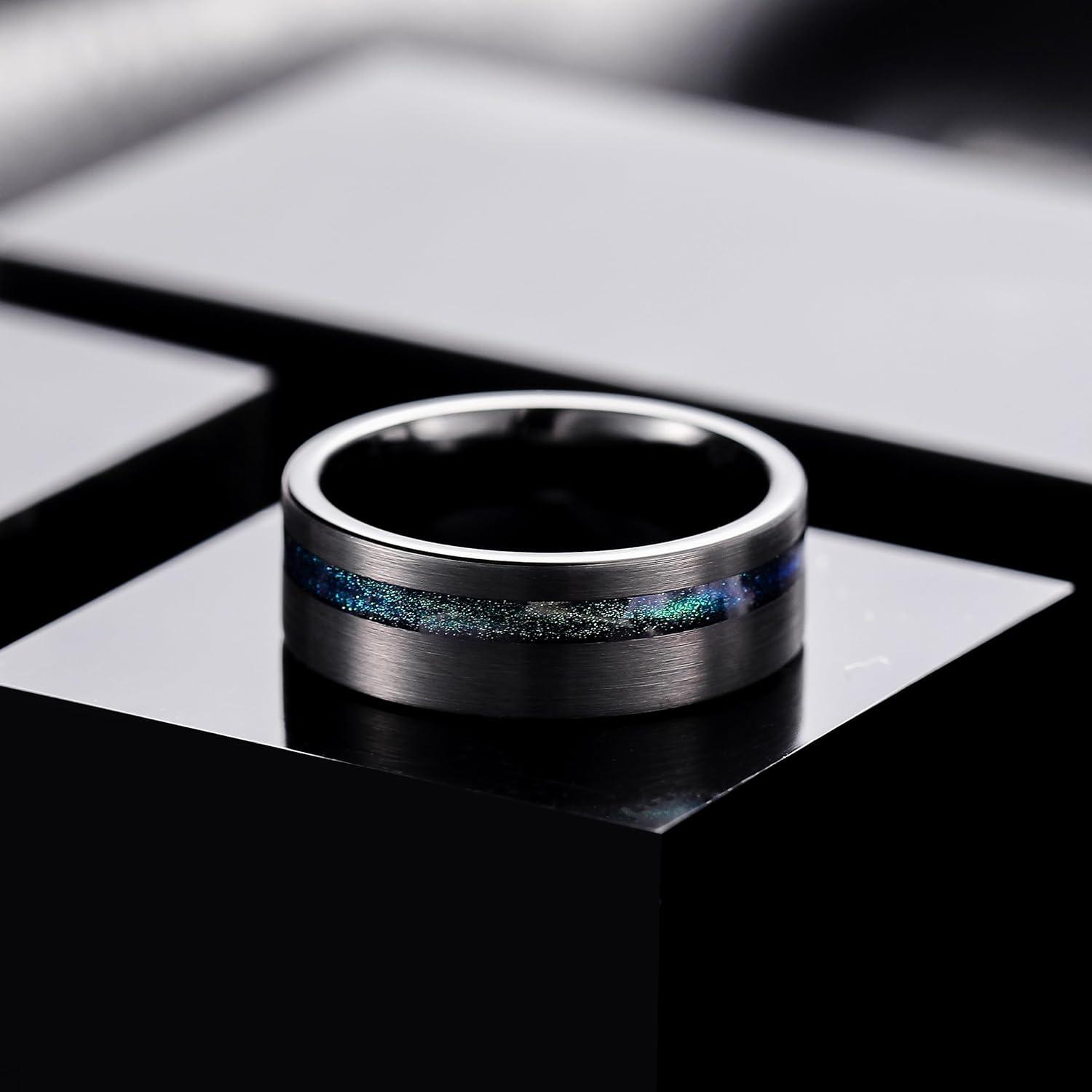 imageKing Will 8mm Tungsten Rings for Men Black Wedding Band Gentleman with Galaxy Shell Sand Meteorite Inlay Pipe Cut BrushedBlue Green