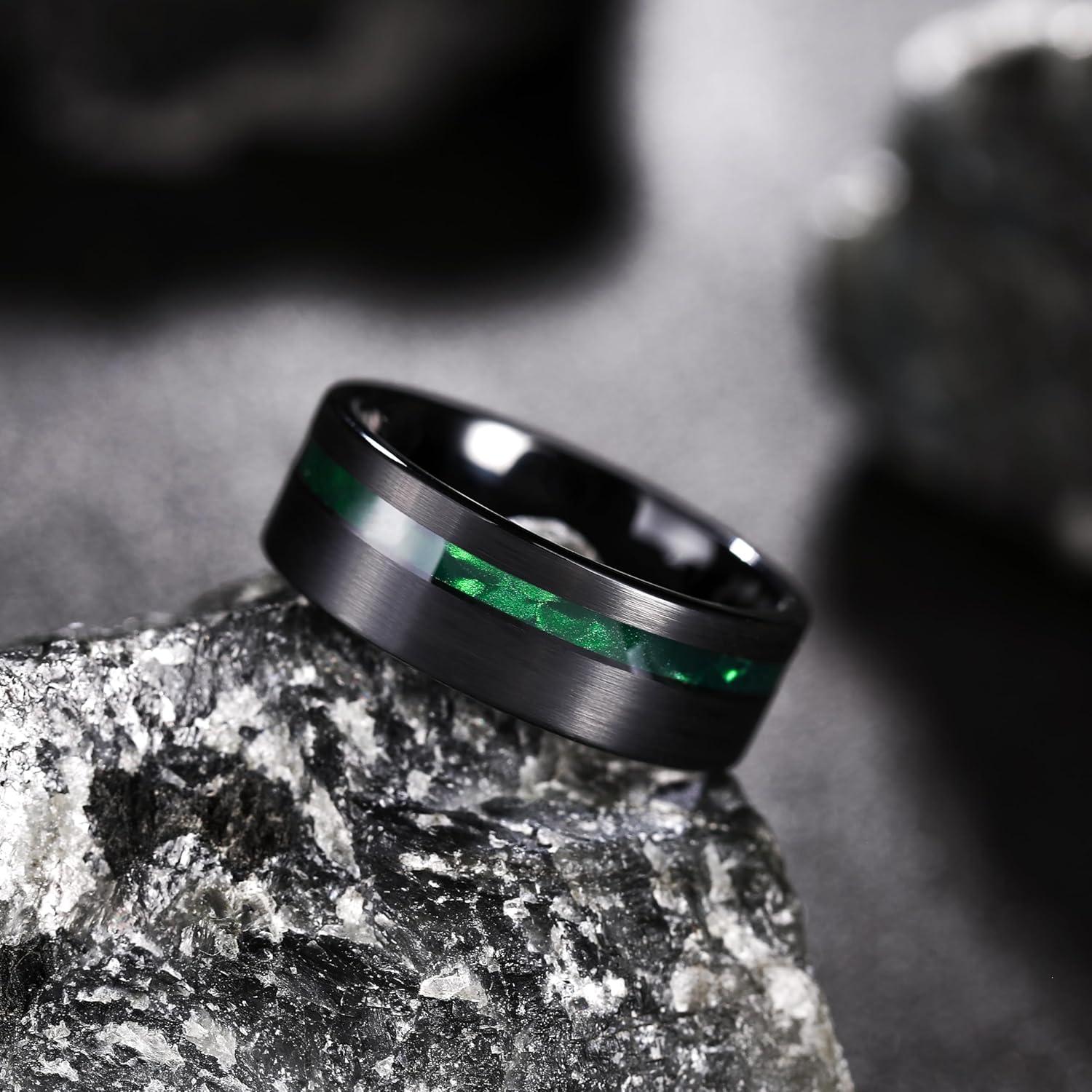 imageKing Will 8mm Tungsten Rings for Men Black Wedding Band Gentleman with Galaxy Shell Sand Meteorite Inlay Pipe Cut BrushedGreen