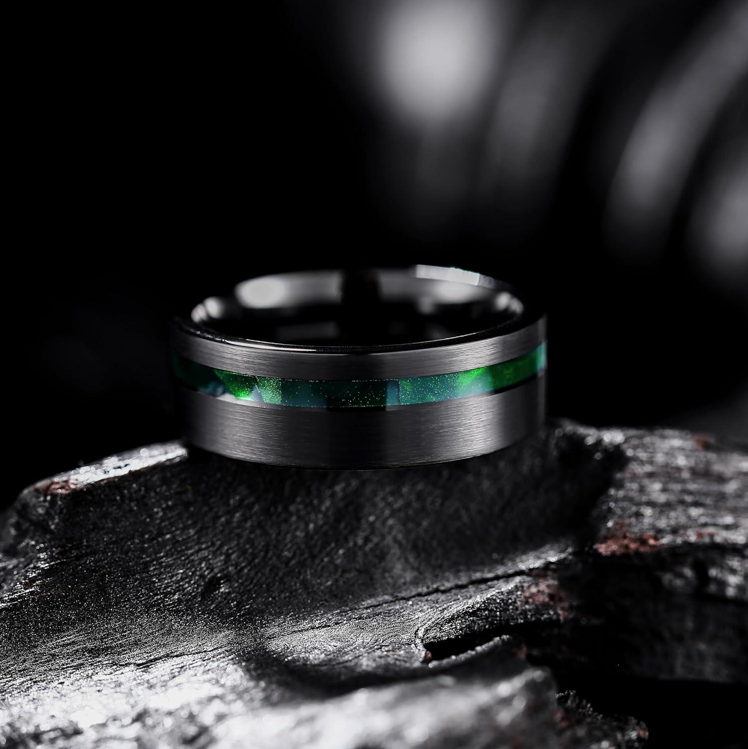 imageKing Will 8mm Tungsten Rings for Men Black Wedding Band Gentleman with Galaxy Shell Sand Meteorite Inlay Pipe Cut BrushedGreen