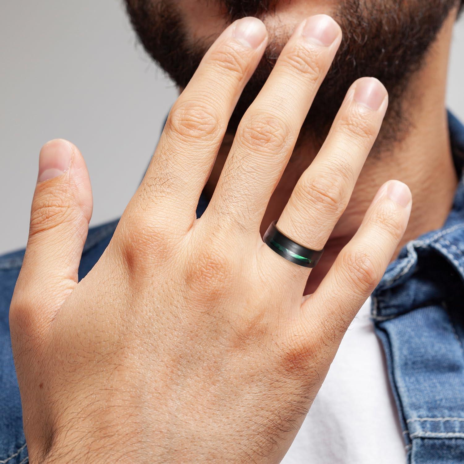 imageKing Will 8mm Tungsten Rings for Men Black Wedding Band Gentleman with Galaxy Shell Sand Meteorite Inlay Pipe Cut BrushedGreen