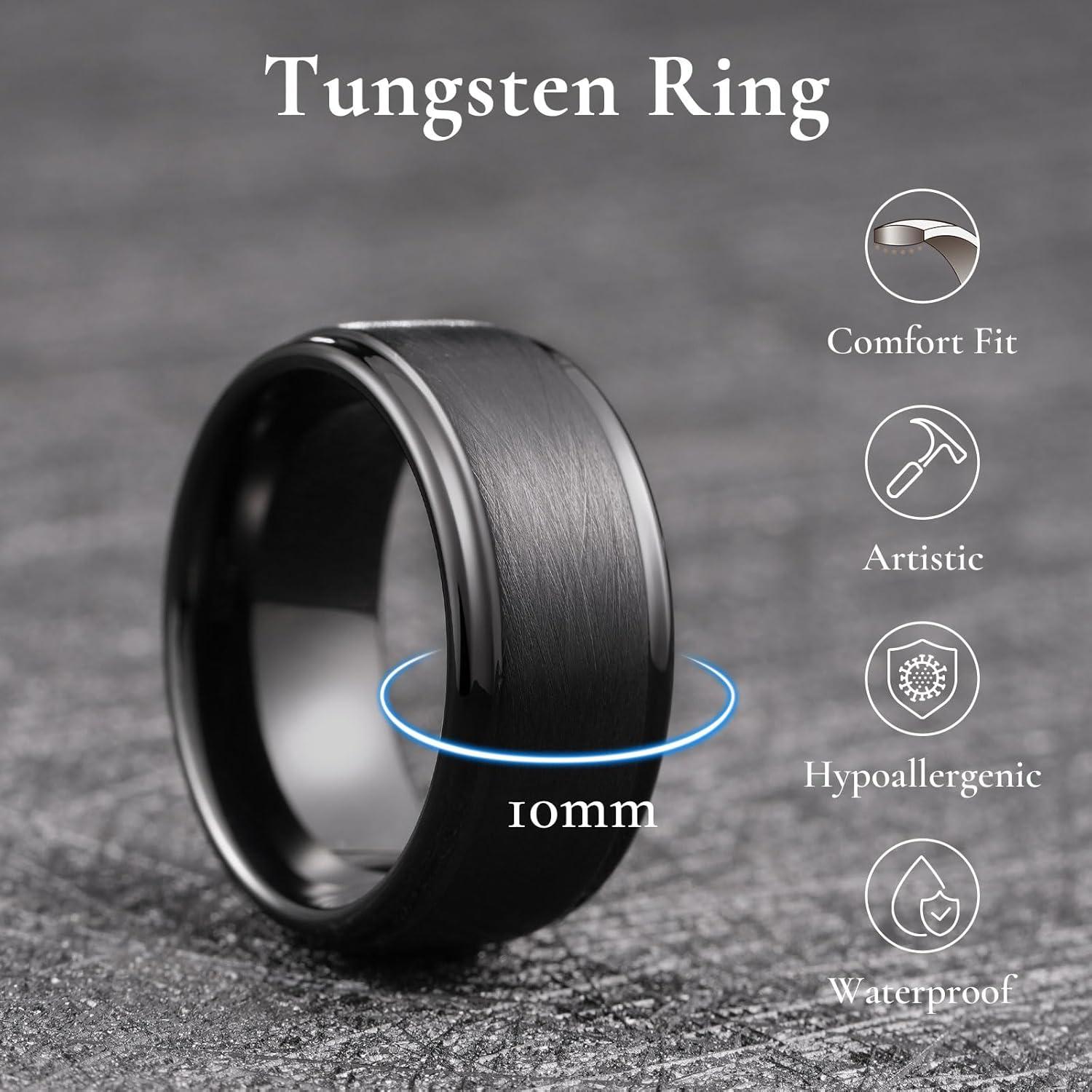 imageKing Will Classic 8mm Tungsten Carbide Ring BlackSilverGold Brushed Two Grooved Center Hammered Design Mens Wedding Band for MenABlack 10mm