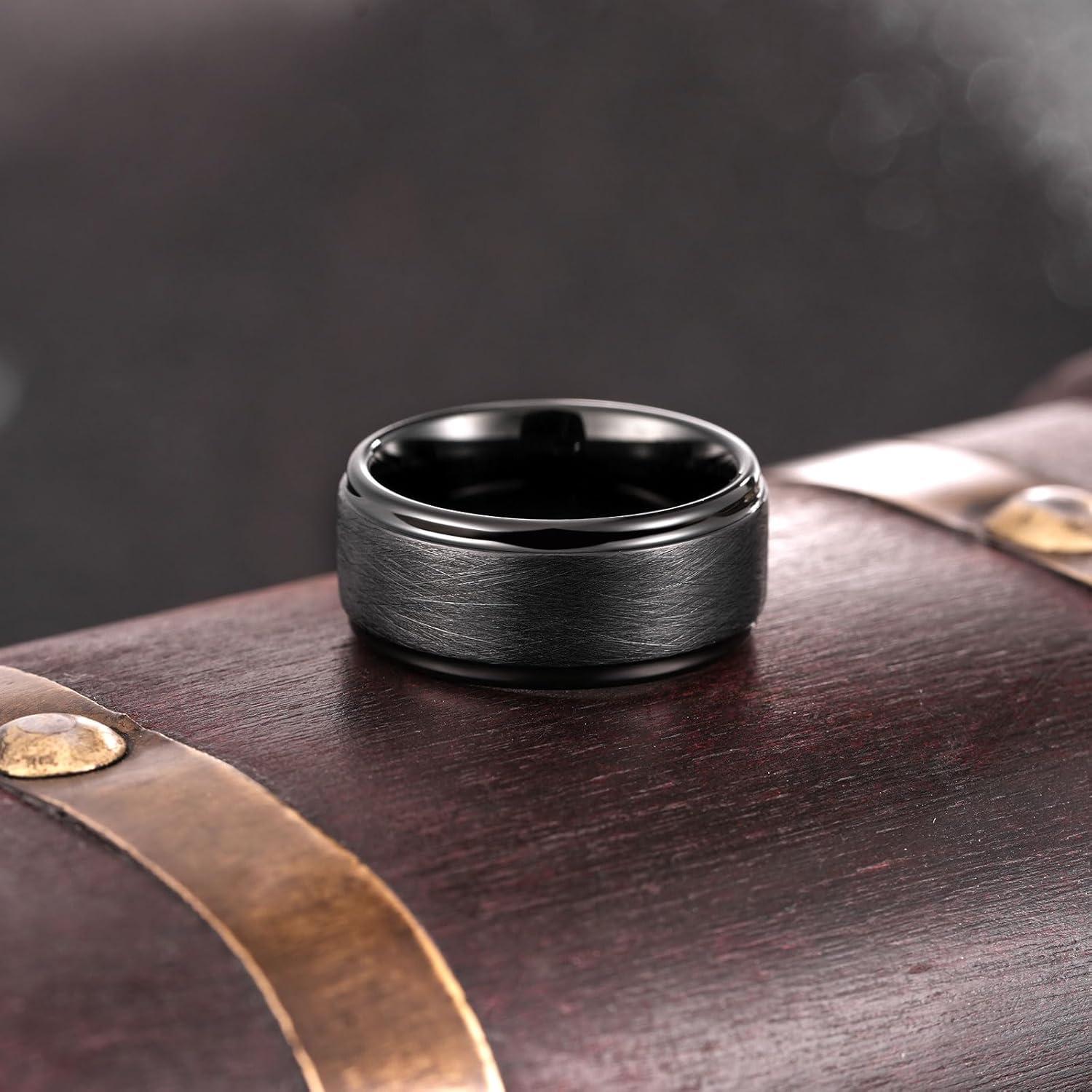 imageKing Will Classic 8mm Tungsten Carbide Ring BlackSilverGold Brushed Two Grooved Center Hammered Design Mens Wedding Band for MenABlack 10mm