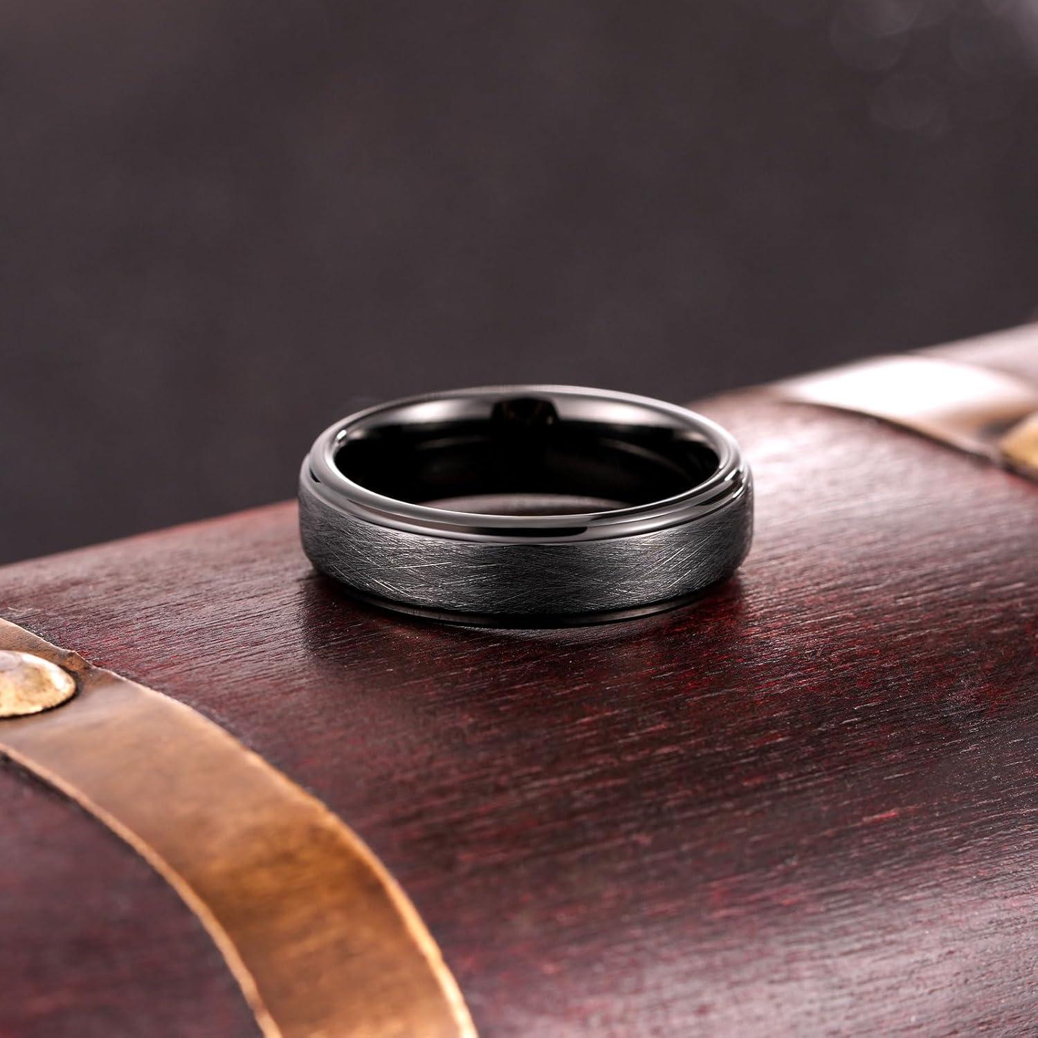 imageKing Will Classic 8mm Tungsten Carbide Ring BlackSilverGold Brushed Two Grooved Center Hammered Design Mens Wedding Band for MenABlack 6mm